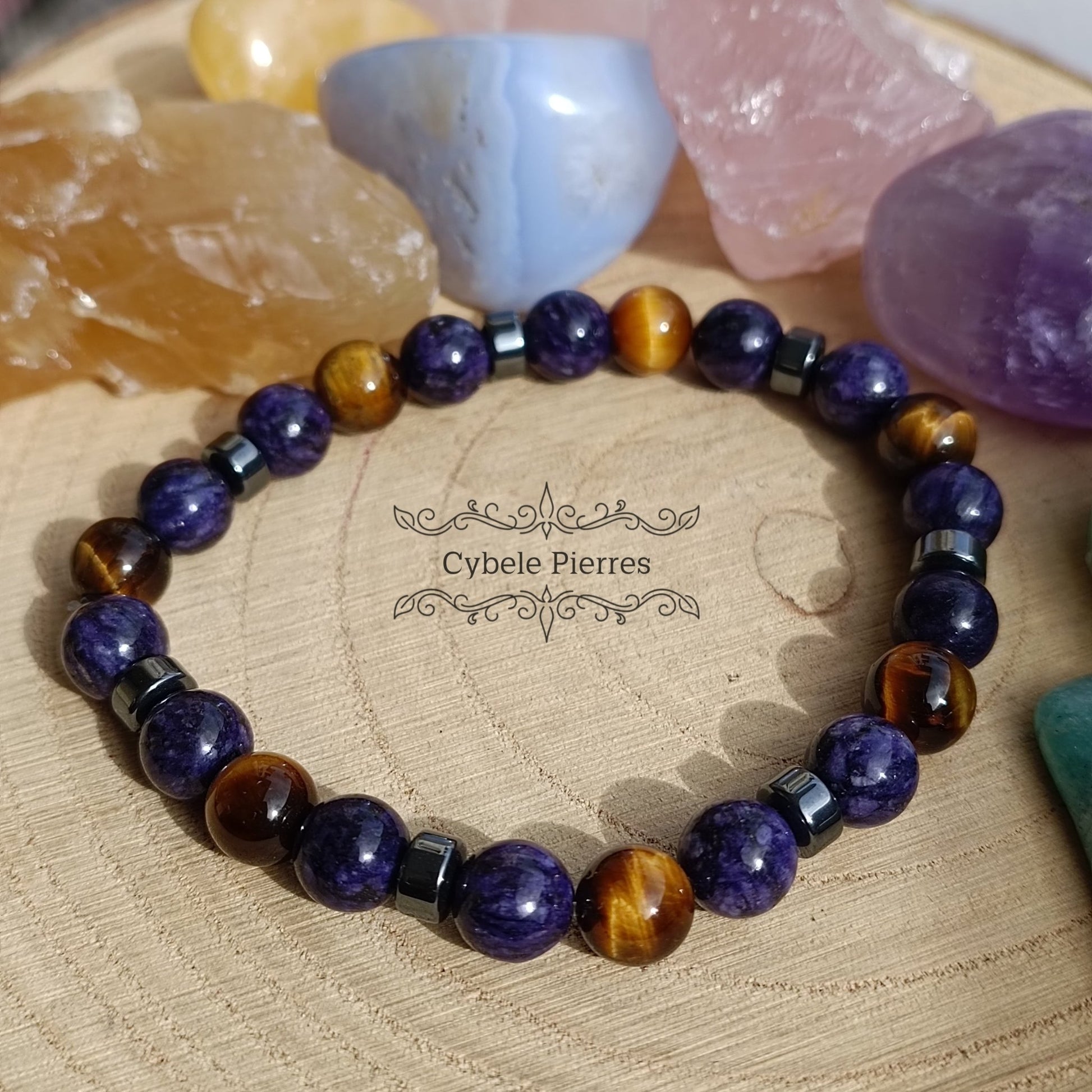 Bracelet Porte - chance - Charoïte et Oeil de tigre (8mm) - 20cm - Cybele Pierres