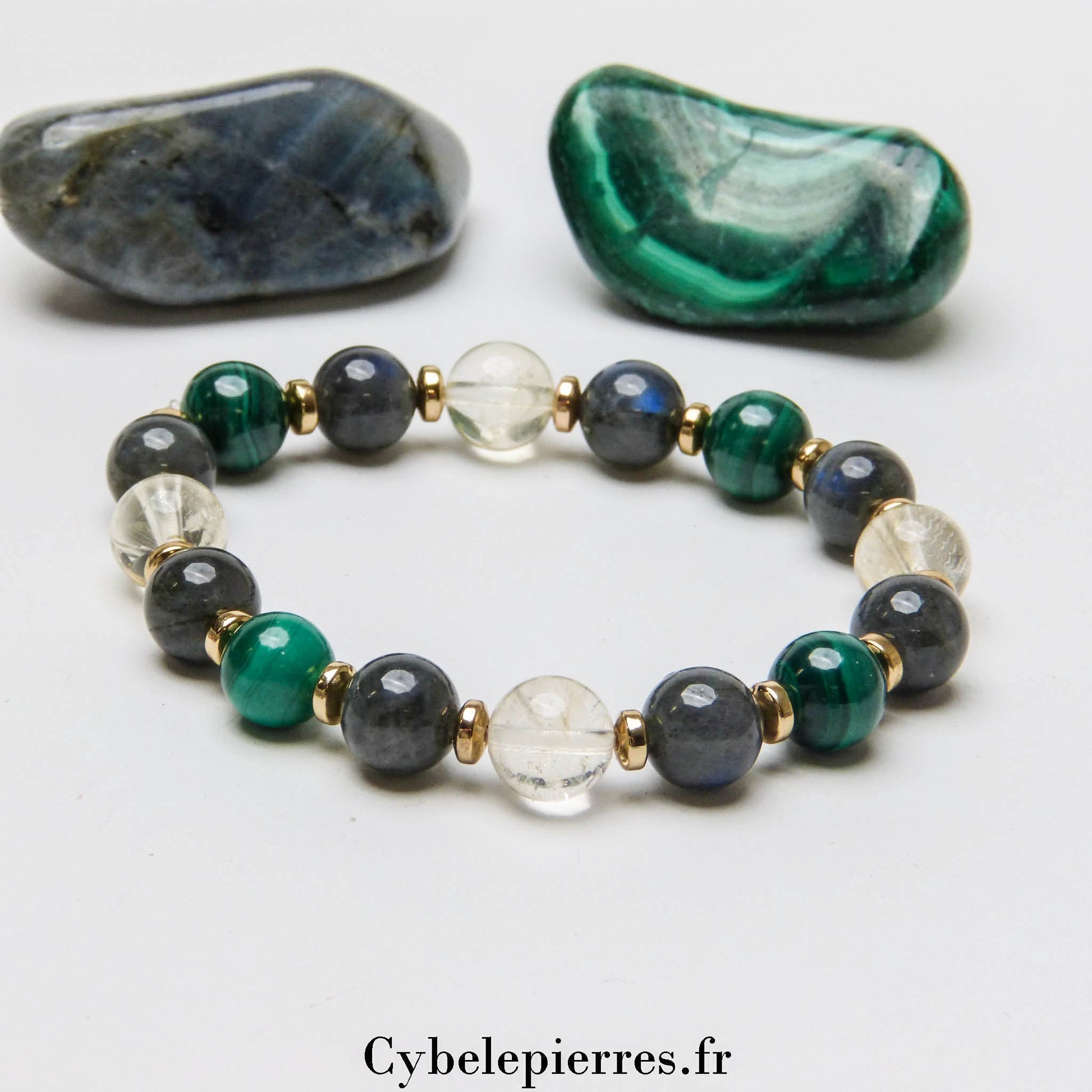 Bracelet Positivité et protection - Citrine, Labradorite et Malachite (8mm) - 16cm - Cybele Pierres