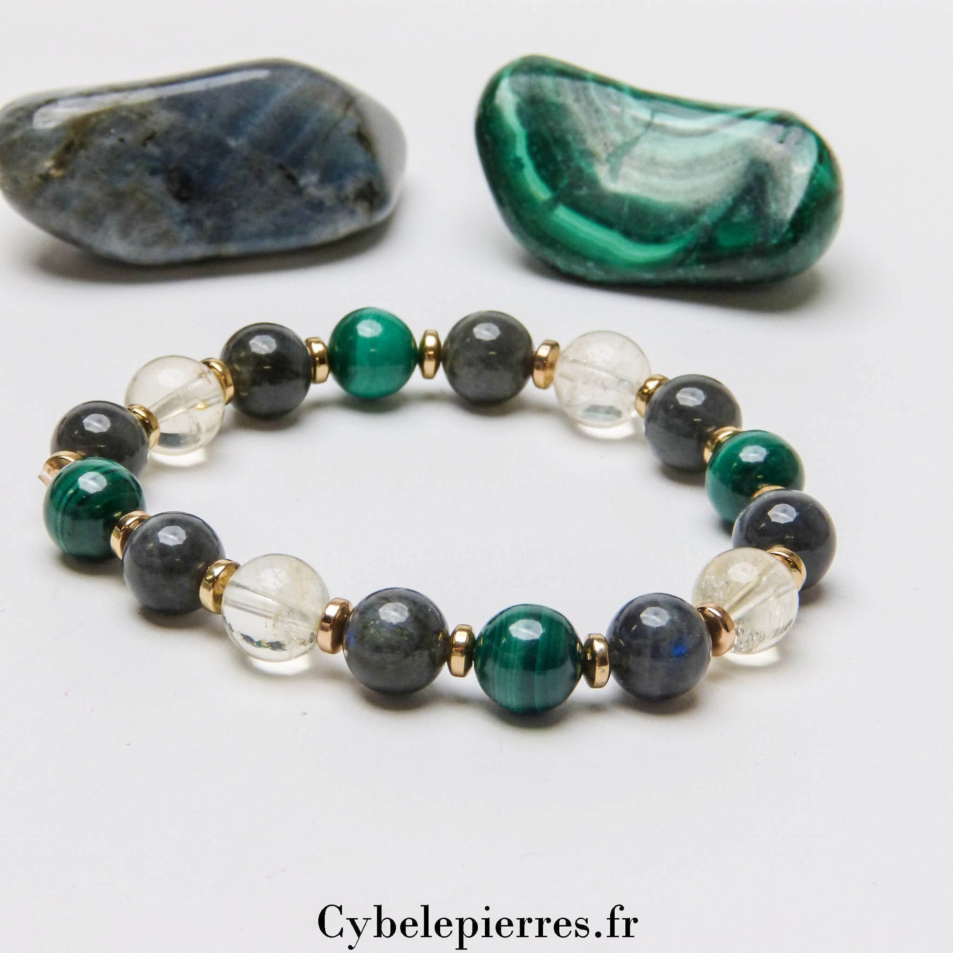 Bracelet Positivité et protection - Citrine, Labradorite et Malachite (8mm) - 16cm - Cybele Pierres