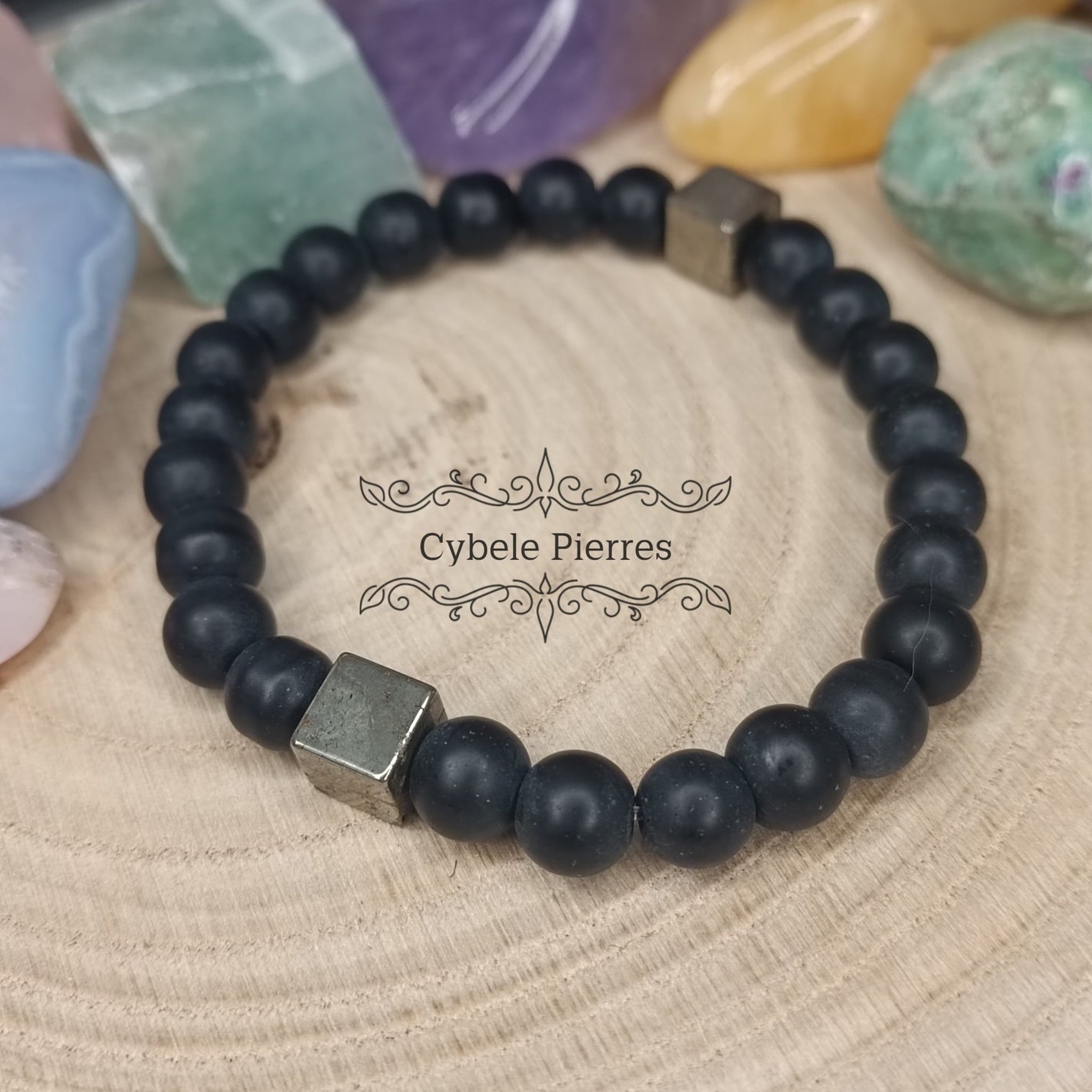 Bracelet Pouvoir intense - Pyrite carrée et Onyx mat (8mm) - 19m - Cybele Pierres