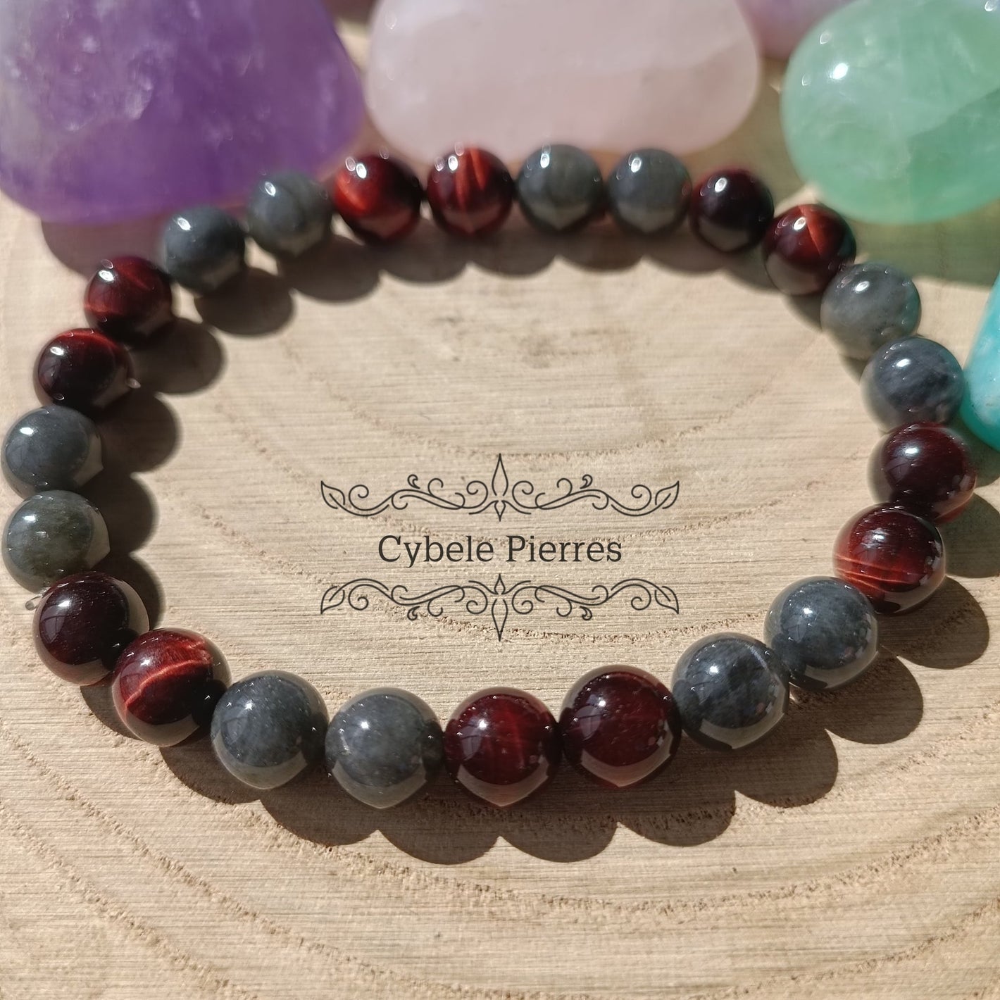 Bracelet Protection des émotions - Labradorite et Oeil de Taureau (8mm) - 19cm - Cybele Pierres