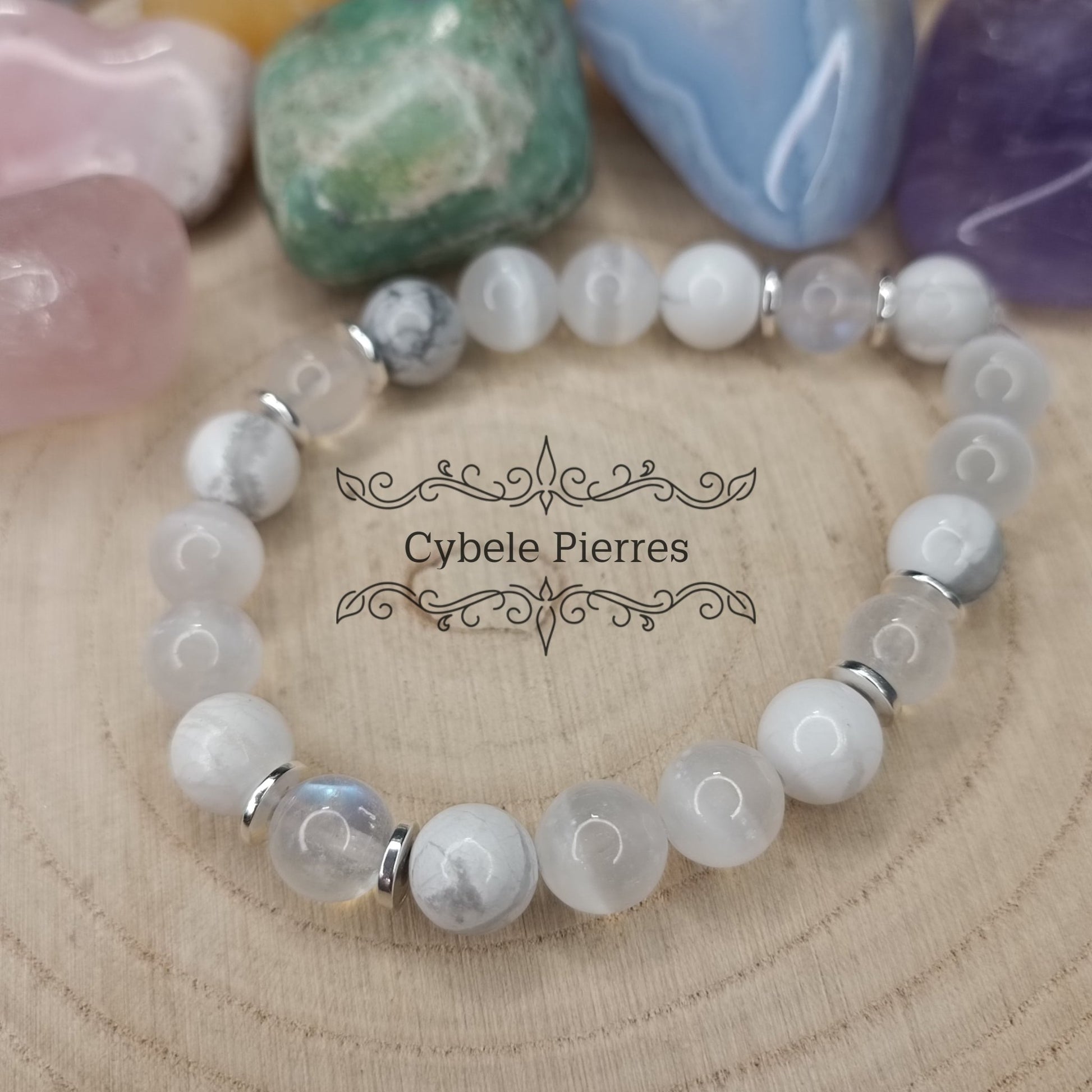 Bracelet Pureté - Sélénite, Howlite et Péristérite (8mm) - 18cm - Cybele Pierres