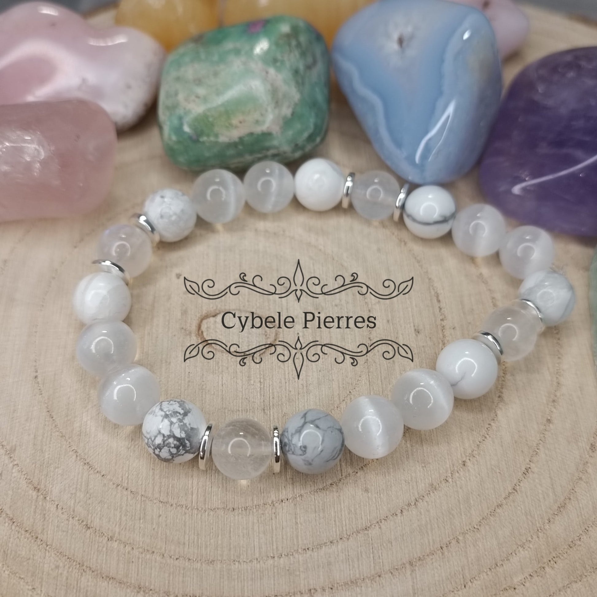 Bracelet Pureté - Sélénite, Howlite et Péristérite (8mm) - 18cm - Cybele Pierres