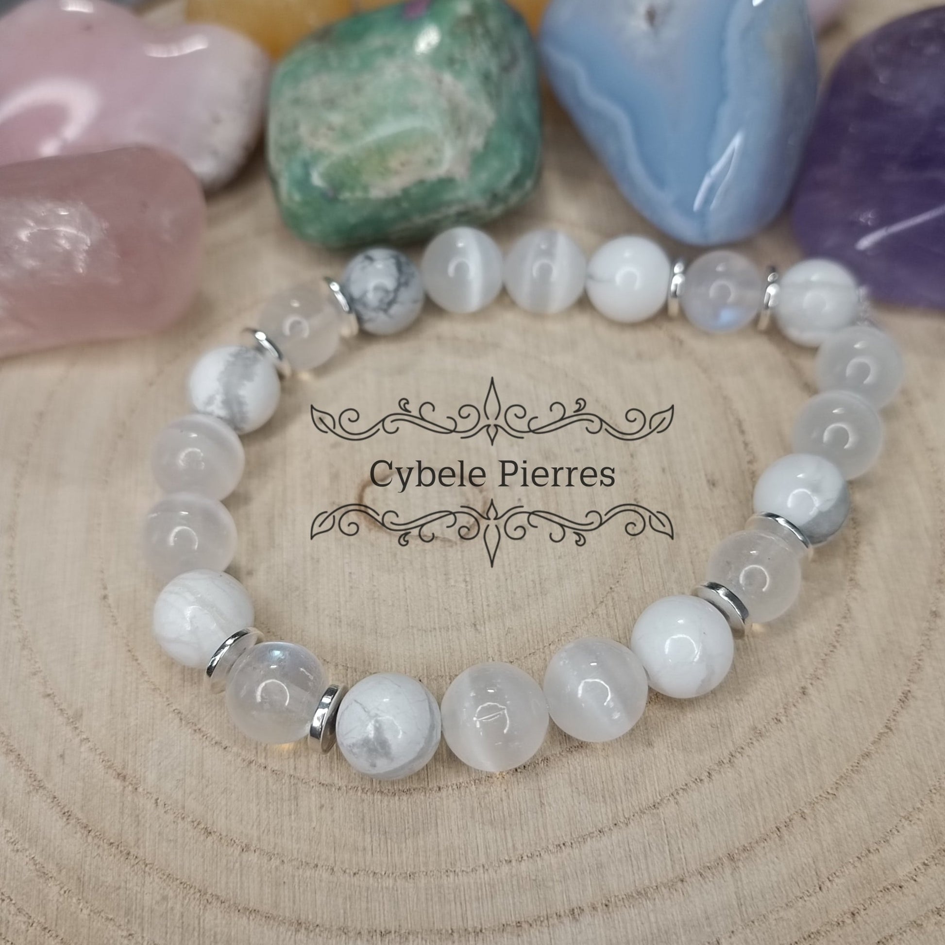 Bracelet Pureté - Sélénite, Howlite et Péristérite (8mm) - 18cm - Cybele Pierres
