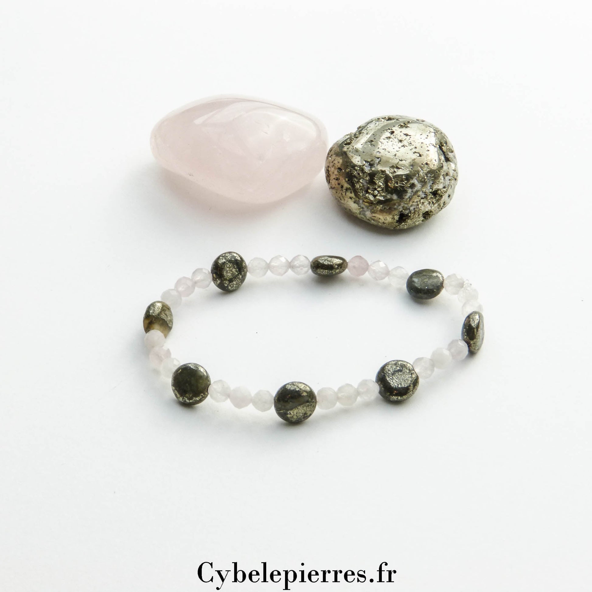 Bracelet Pyrite plate et Quartz Rose facetté (3mm) – Confiance et Douceur (17cm) - Cybele Pierres