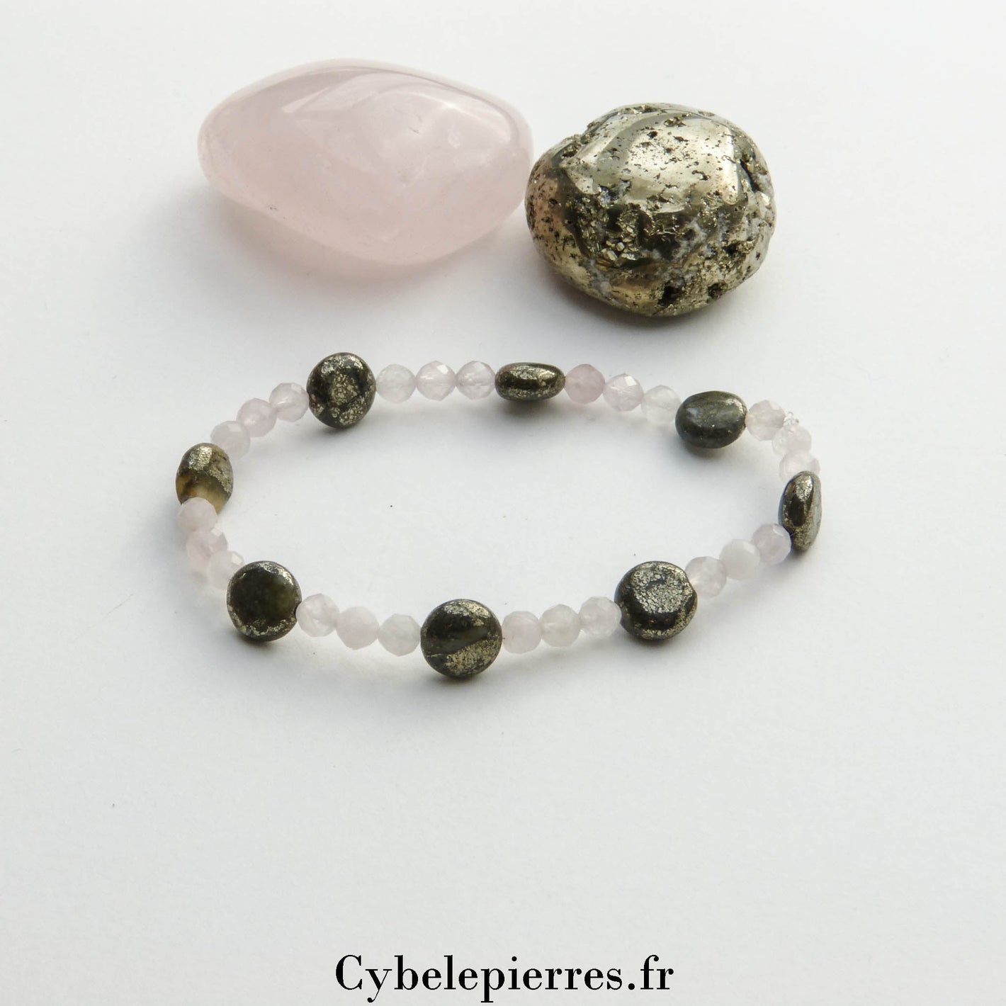 Bracelet Pyrite plate et Quartz Rose facetté (3mm) – Confiance et Douceur (17cm) - Cybele Pierres