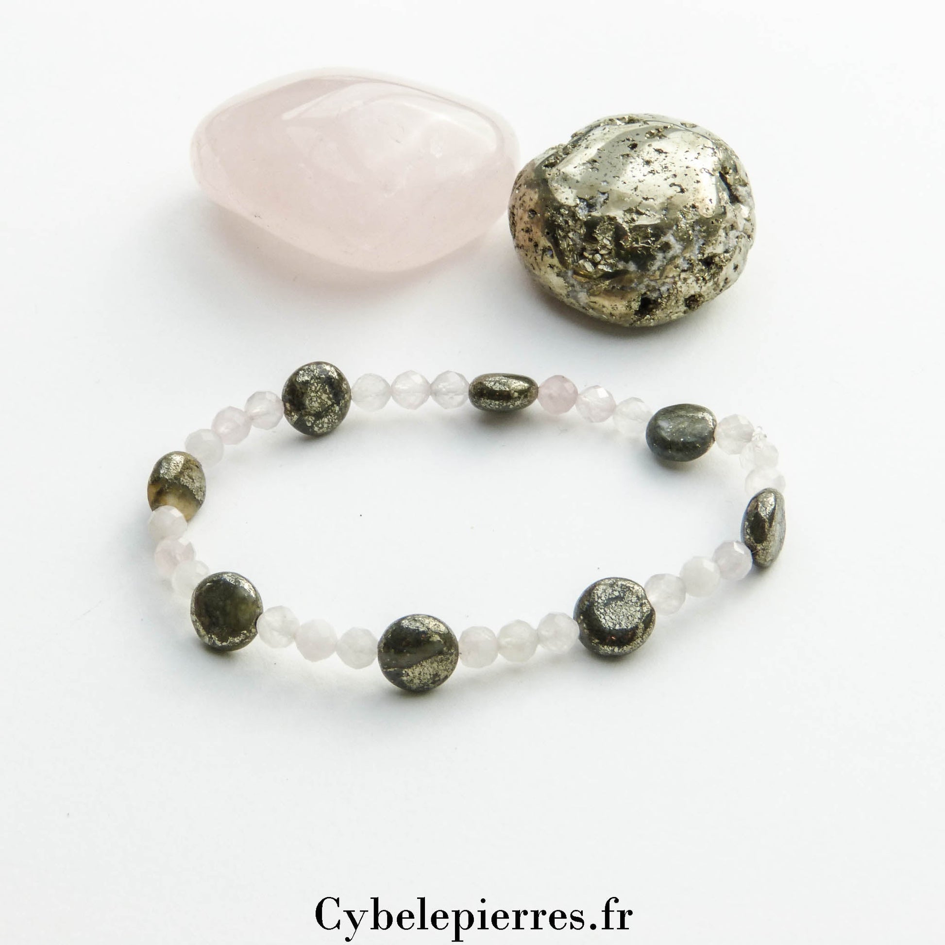 Bracelet Pyrite plate et Quartz Rose facetté (3mm) – Confiance et Douceur (17cm) - Cybele Pierres