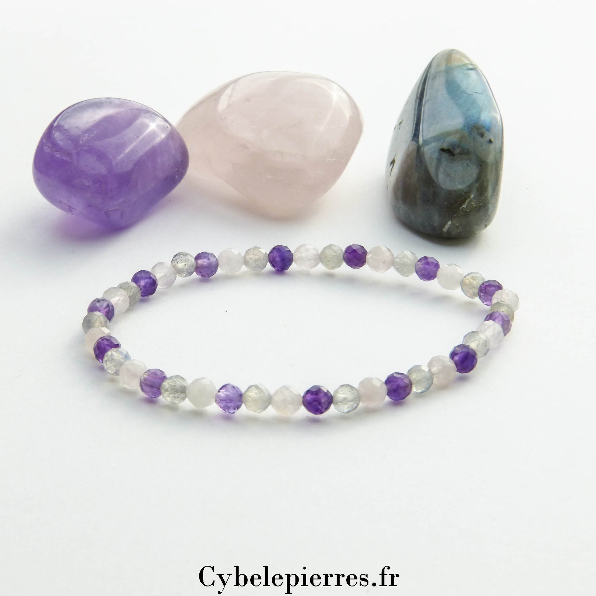 Bracelet Quartz Rose, Améthyste et Labradorite facetté (4mm) – Douceur et Protection (17cm) - Cybele Pierres