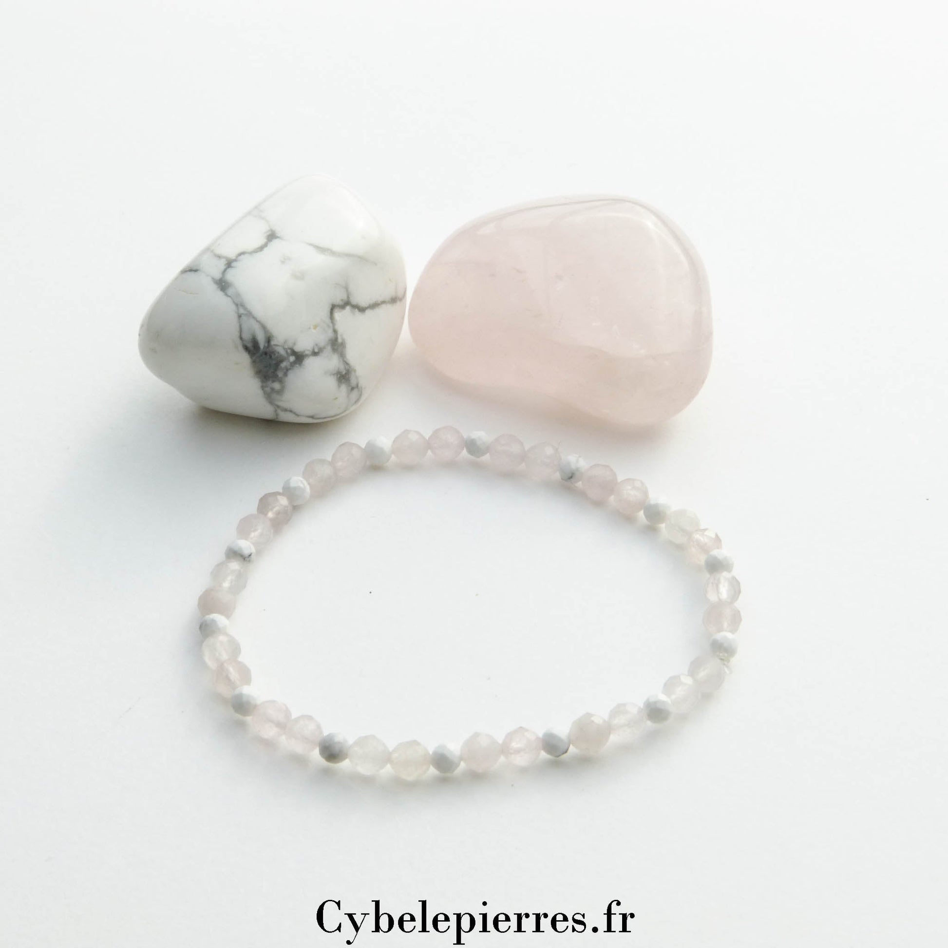 Bracelet Quartz Rose et Howlite (3 mm facettées) – 17 cm | Douceur et sérénité - Cybele Pierres