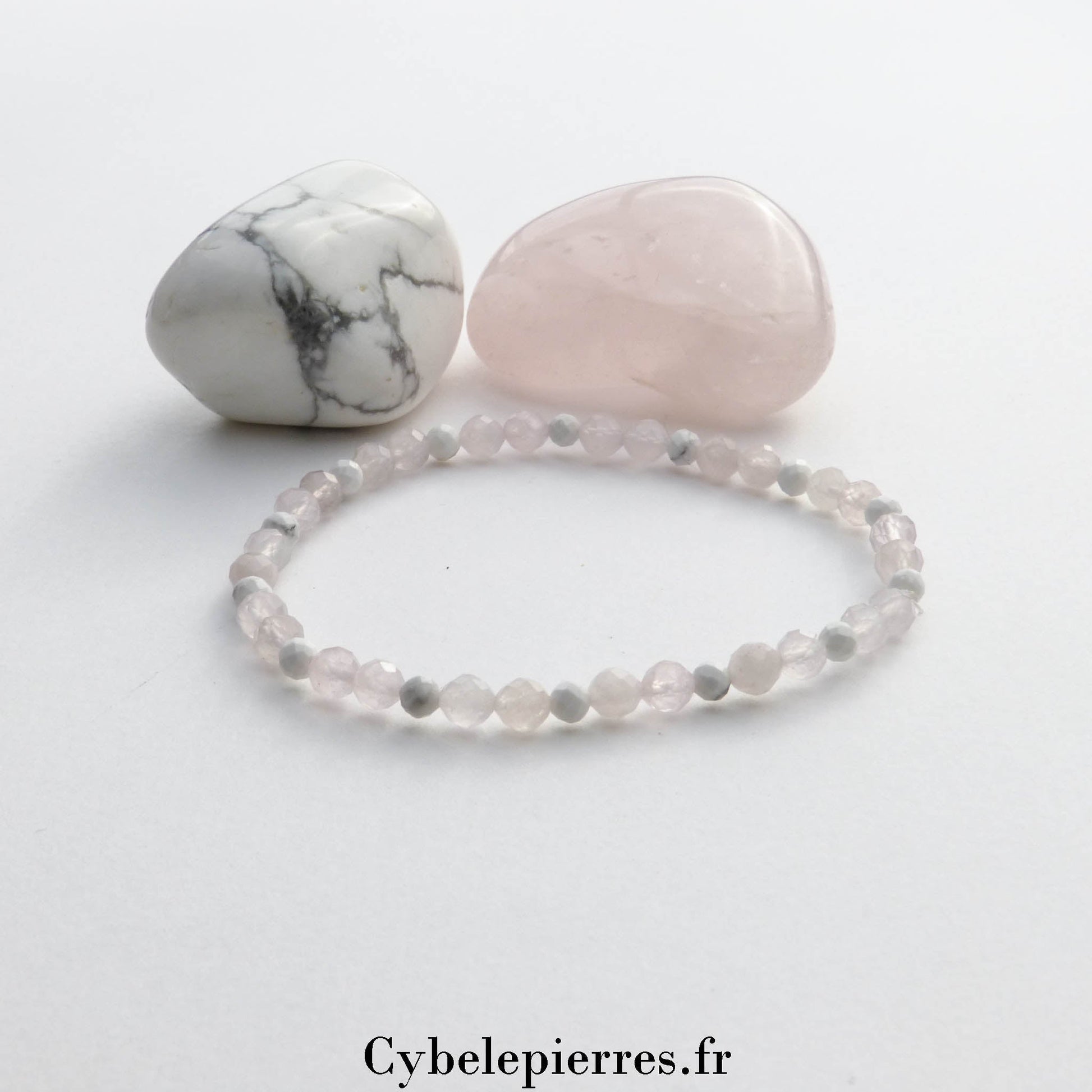 Bracelet Quartz Rose et Howlite (3 mm facettées) – 17 cm | Douceur et sérénité - Cybele Pierres