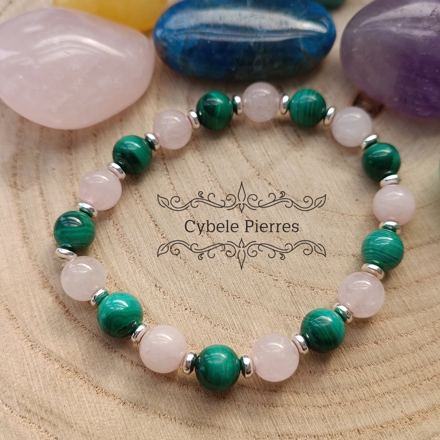 Bracelet Quartz rose et Malachite (8mm) - 18cm - Cybele Pierres