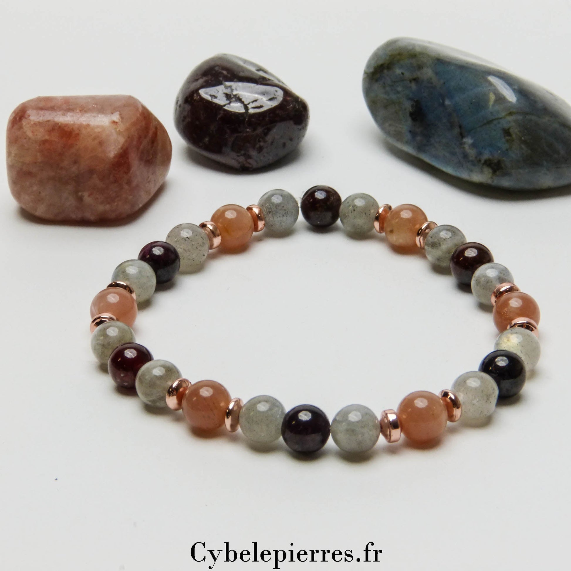Bracelet Queen - Grenat, Pierre de Soleil et Labradorite (6mm) | Énergie et Rayonnement - Cybele Pierres