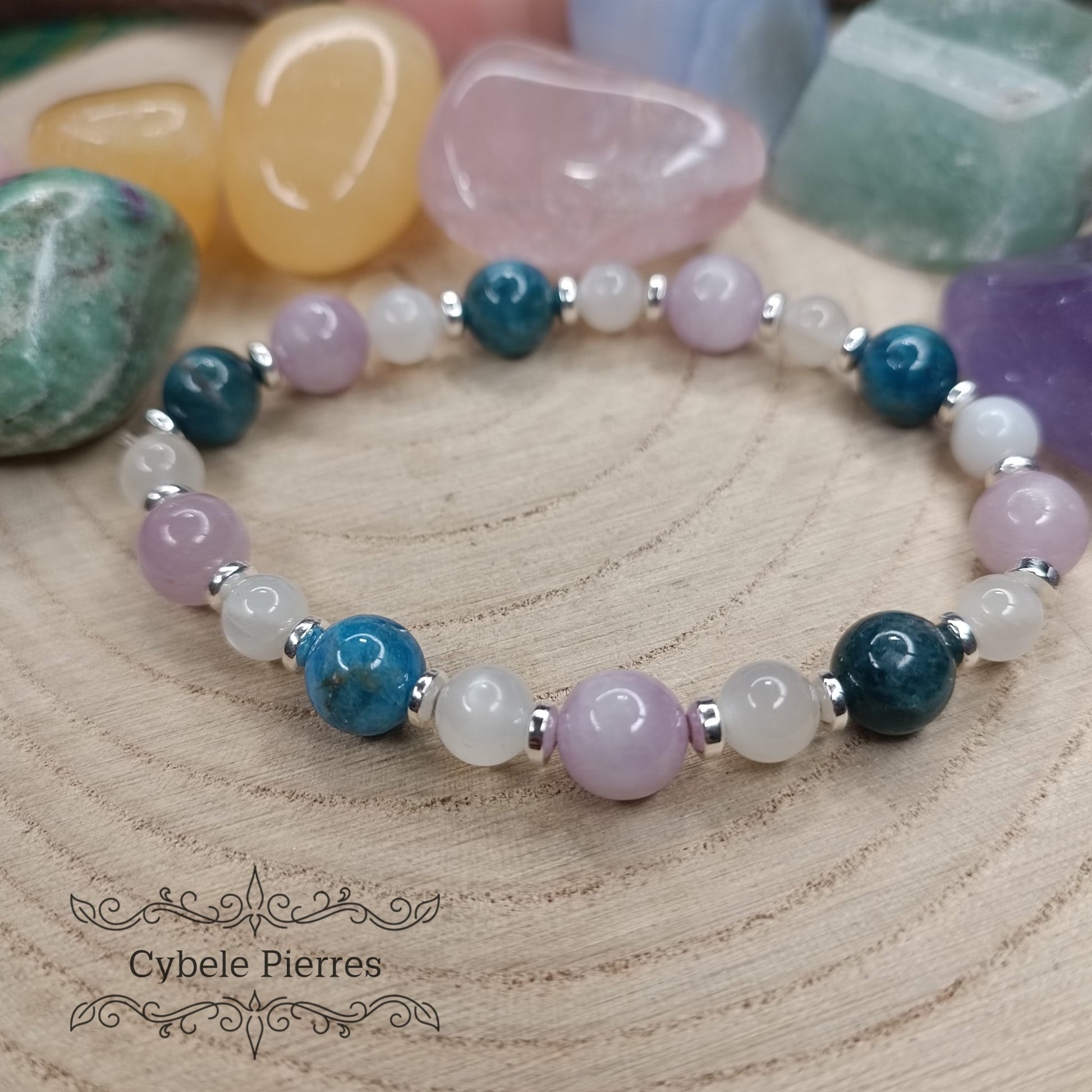 Bracelet Radieux - Pierre de lune blanche, Apatite bleue et Kunzite (6 et 8mm) - 18cm - Cybele Pierres