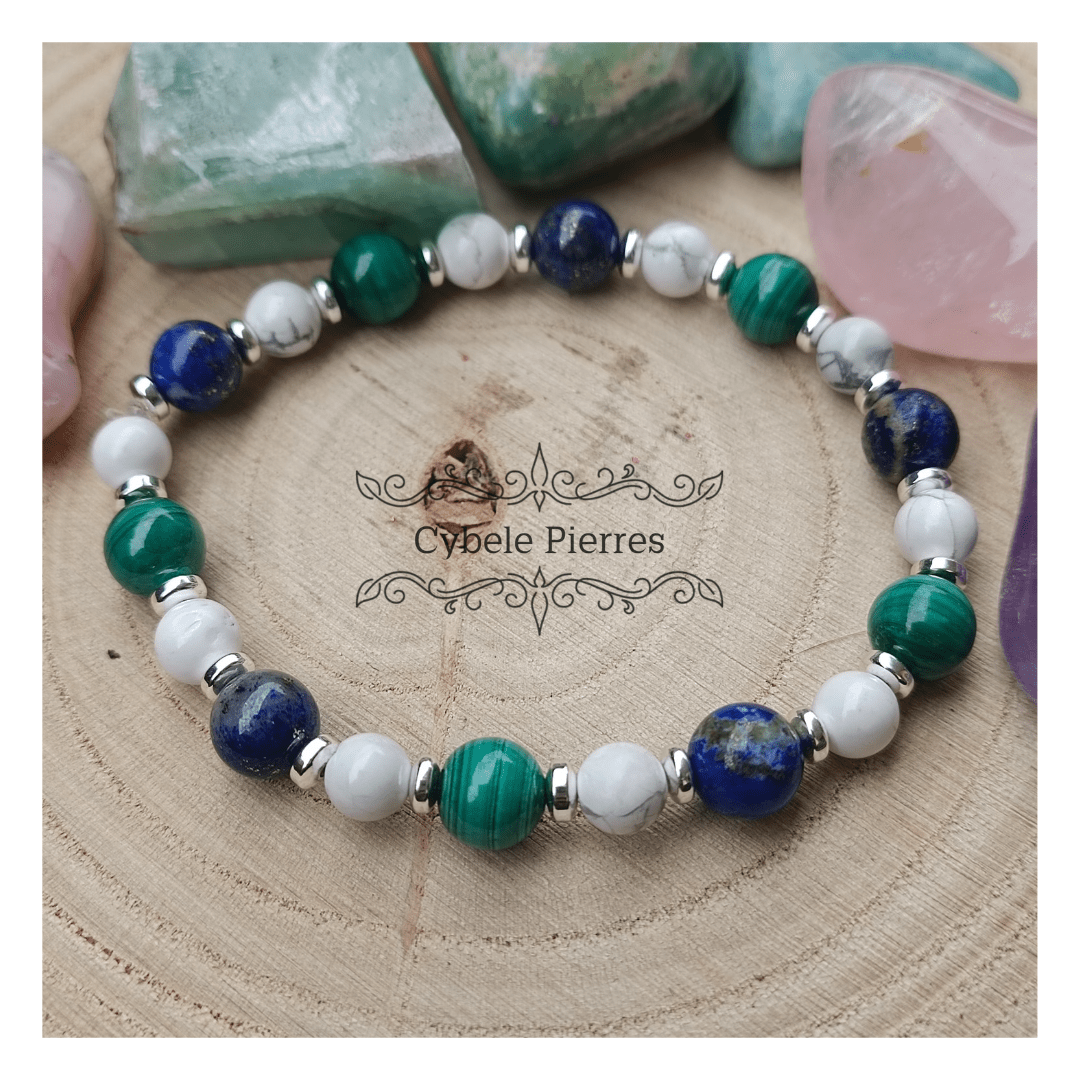 Bracelet Réalisation étoilée : lapis - lazuli, Malachite et Howlite (6 et 8mm) - 18cm - Cybele Pierres