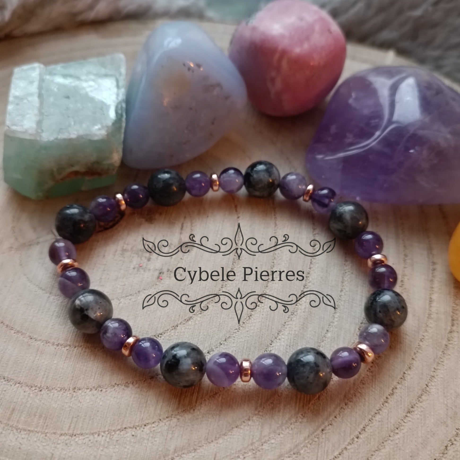 Bracelet Réconfort et Ancrage - Améthyste et Larvikite (6 et 8mm) - 18cm - Cybele Pierres
