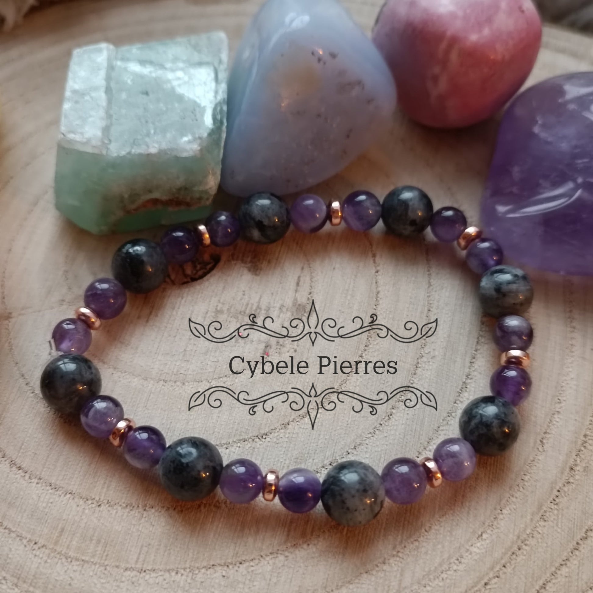 Bracelet Réconfort et Ancrage - Améthyste et Larvikite (6 et 8mm) - 18cm - Cybele Pierres