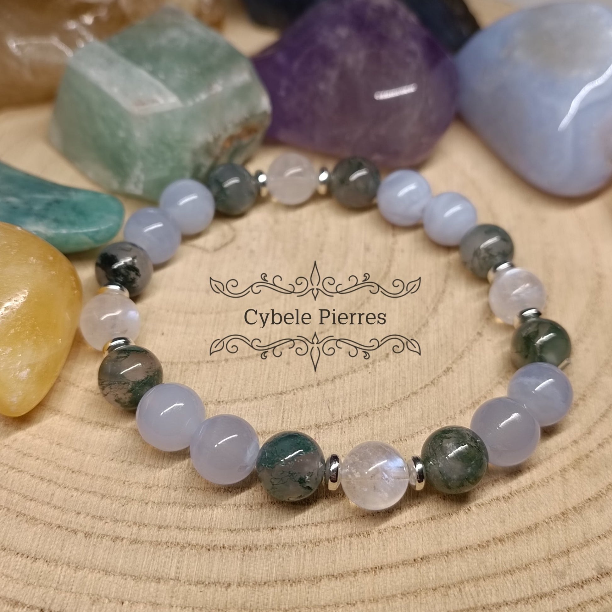 Bracelet Réconfort Hivernal - Agate mousse, Calcédoine bleue et Péristérite (8mm) - 18cm - Cybele Pierres