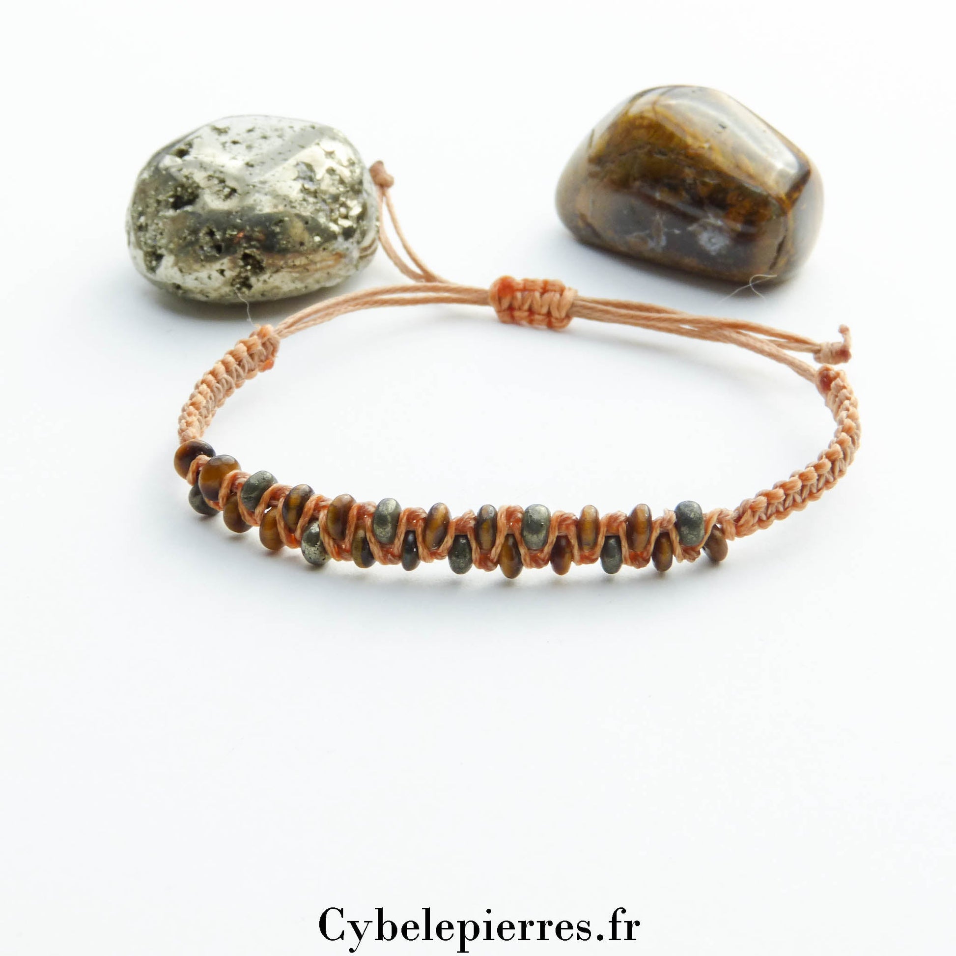 Bracelet réglable - Œil de Tigre et Pyrite (2mm) | Protection et Énergie - Cybele Pierres