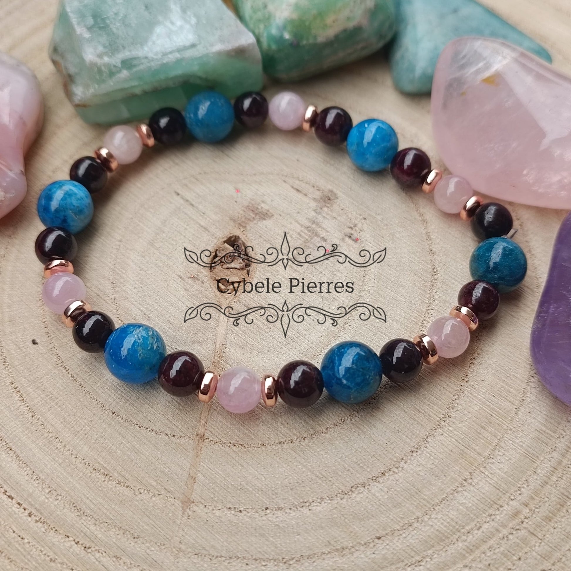 Bracelet Relation - Grenat, Quartz rose & Apatite bleue (6 et 8mm) - 18cm - Cybele Pierres