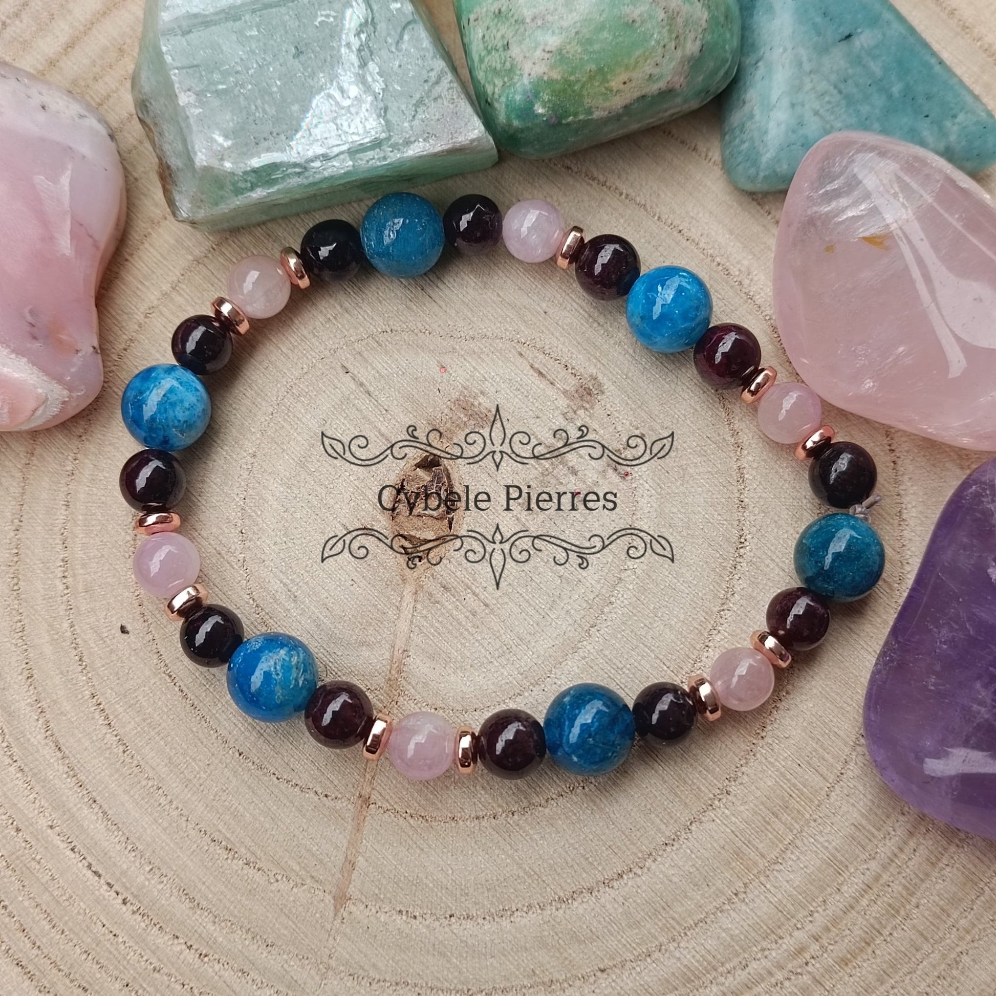 Bracelet Relation - Grenat, Quartz rose & Apatite bleue (6 et 8mm) - 18cm - Cybele Pierres
