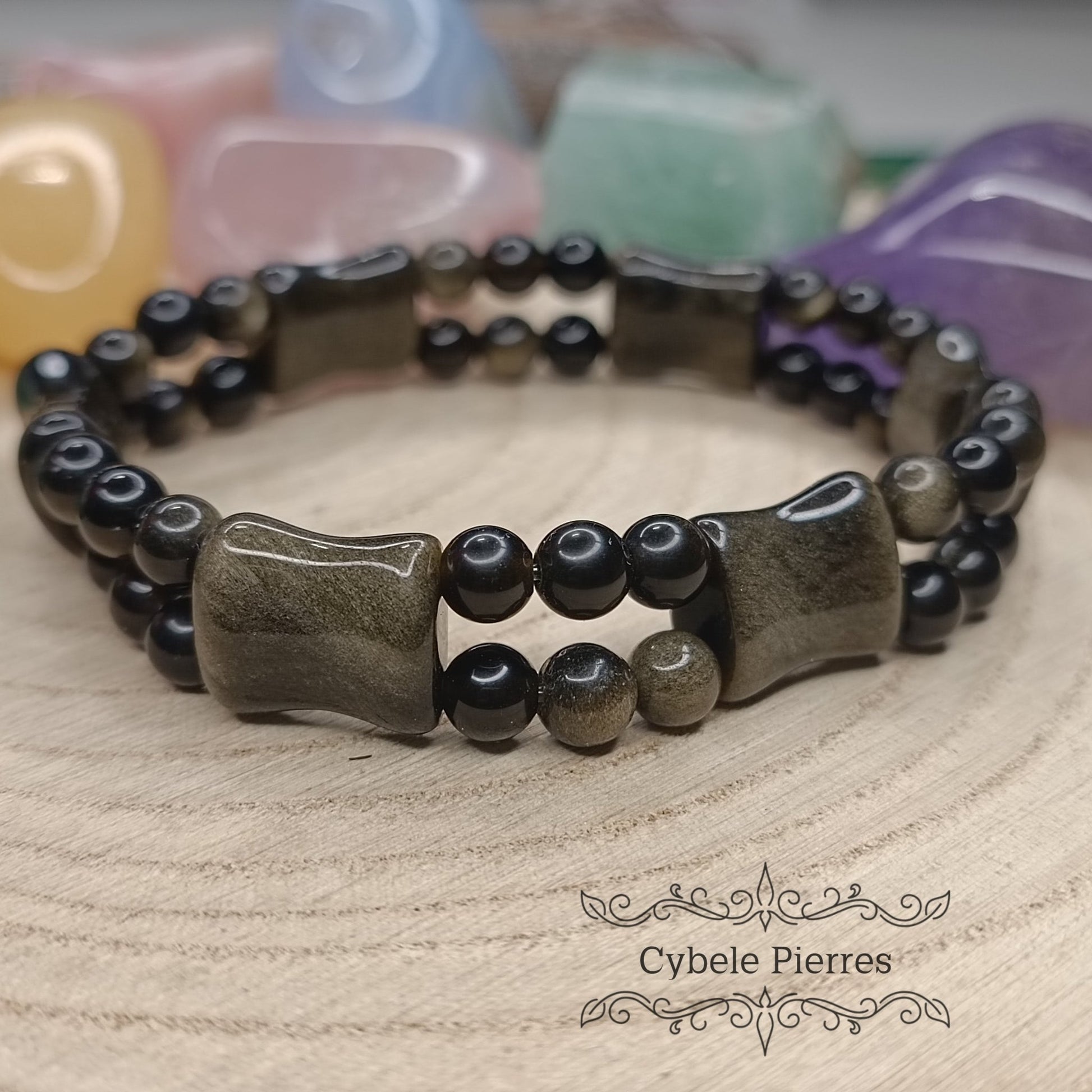Bracelet Renaissance intérieure - Obsidienne dorée allongée (10mm) - 18cm - Cybele Pierres