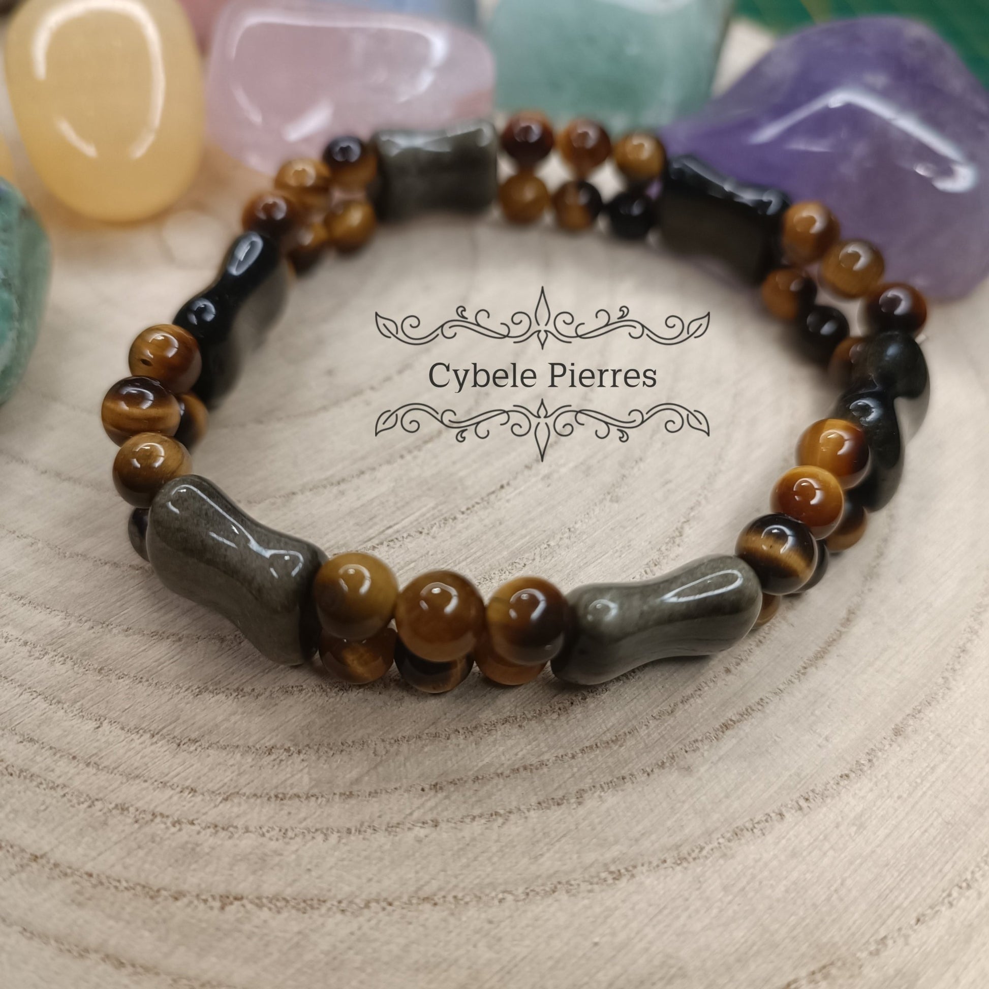 Bracelet Résistance - Obsidienne dorée allongée et Oeil de tigre (6 et 10mm) - 19cm - Cybele Pierres