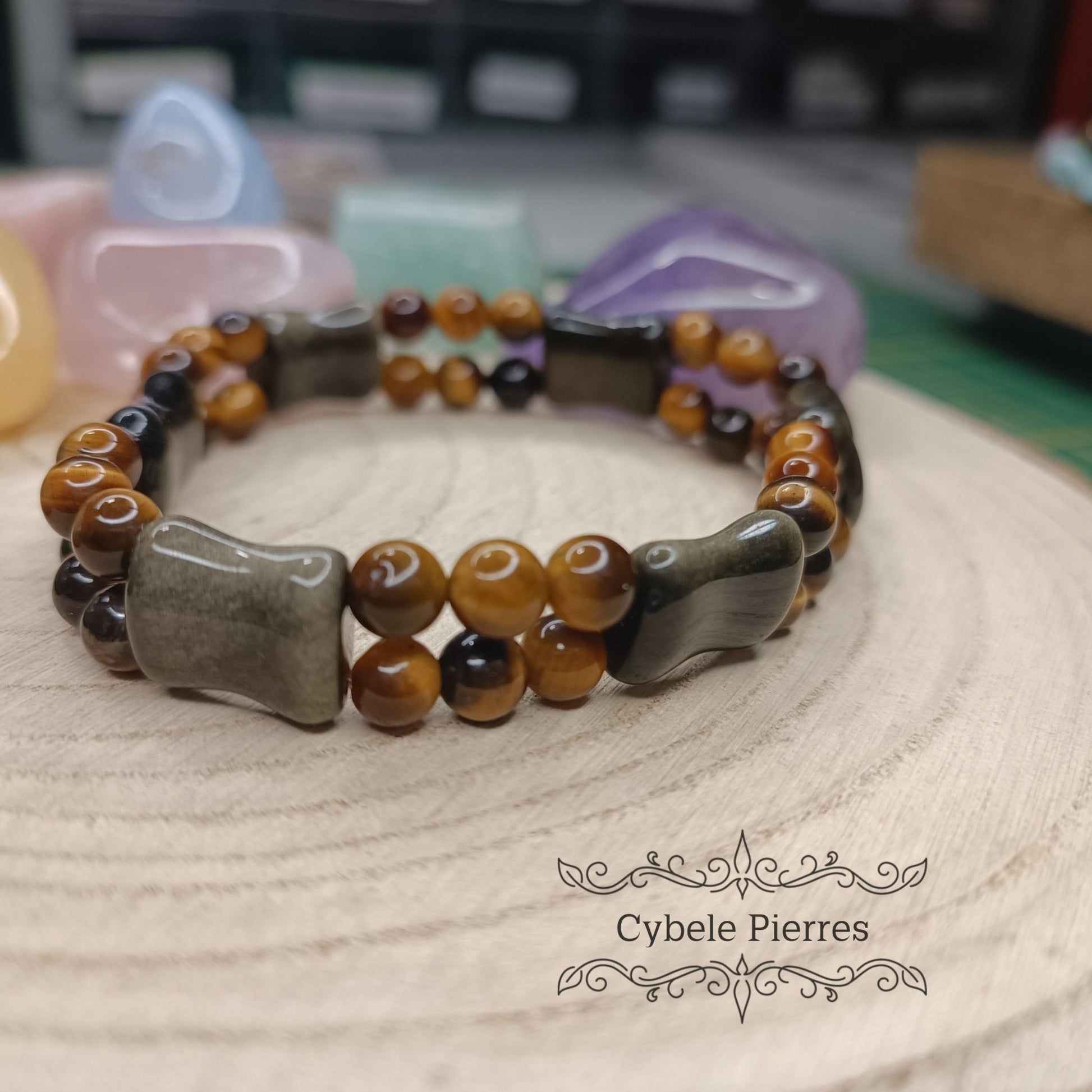 Bracelet Résistance - Obsidienne dorée allongée et Oeil de tigre (6 et 10mm) - 19cm - Cybele Pierres