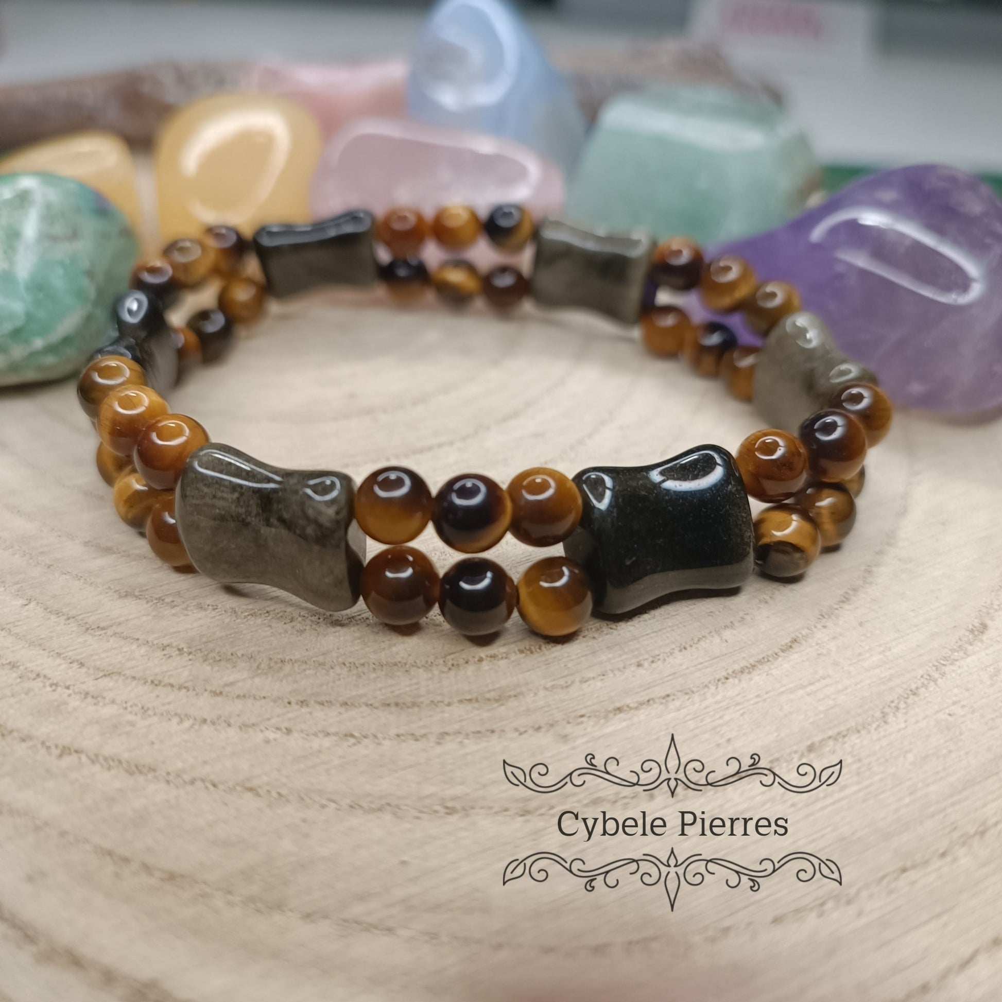 Bracelet Résistance - Obsidienne dorée allongée et Oeil de tigre (6 et 10mm) - 19cm - Cybele Pierres