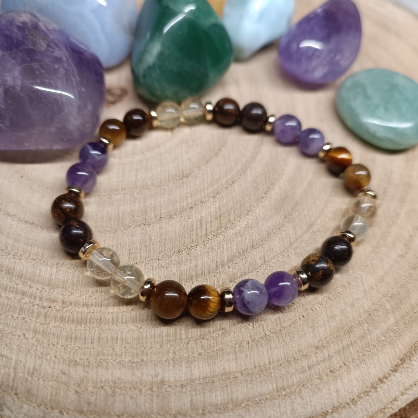 Bracelet Sagesse Lumineuse - Améthyste, Oeil de tigre, Bronzite et Citrine (6mm) - 18cm - Cybele Pierres