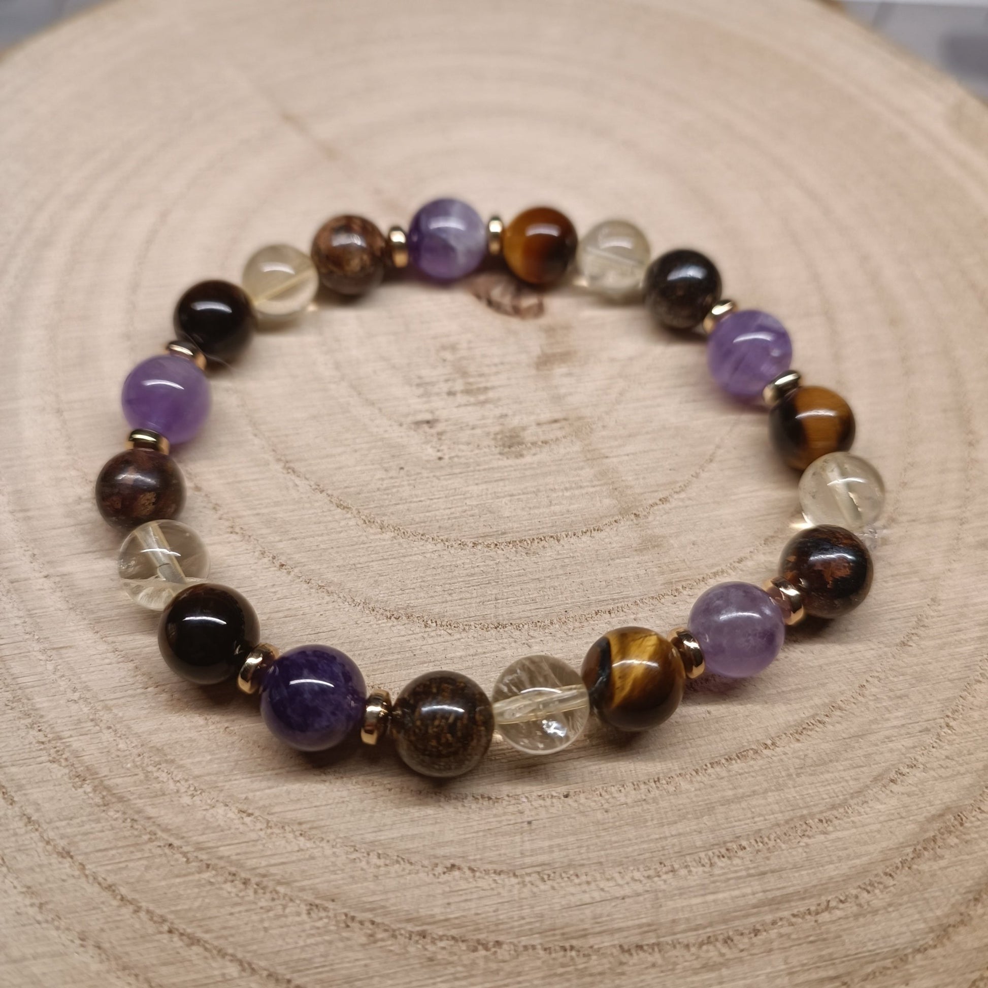 Bracelet Sagesse Lumineuse - Améthyste, Oeil de tigre, Bronzite et Citrine (8mm) - 18cm - Cybele Pierres