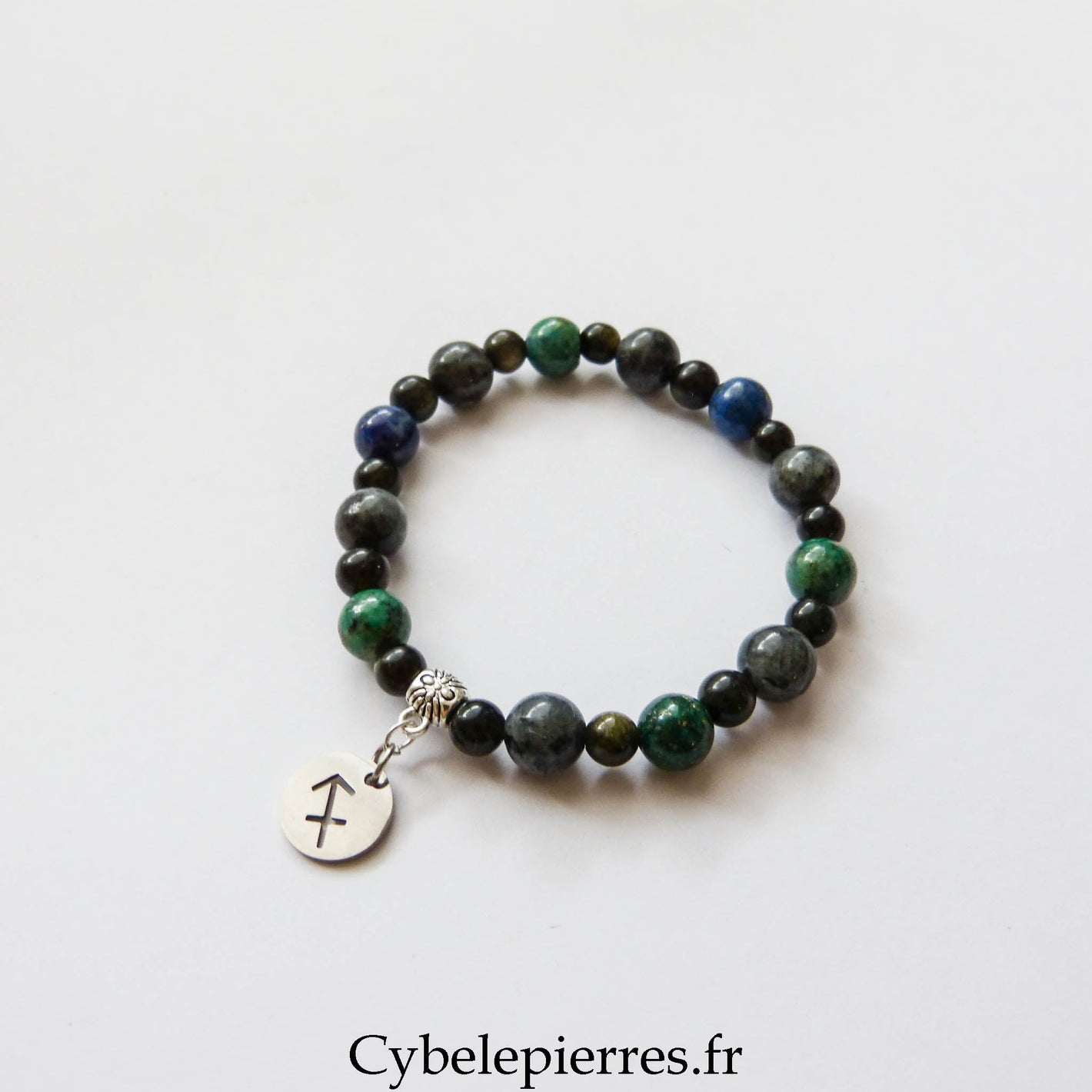 Bracelet Sagittaire – Azurite - Malachite, Larvikite (8 mm) & Obsidienne Dorée (6 mm) | Intuition & Expansion - Cybele Pierres