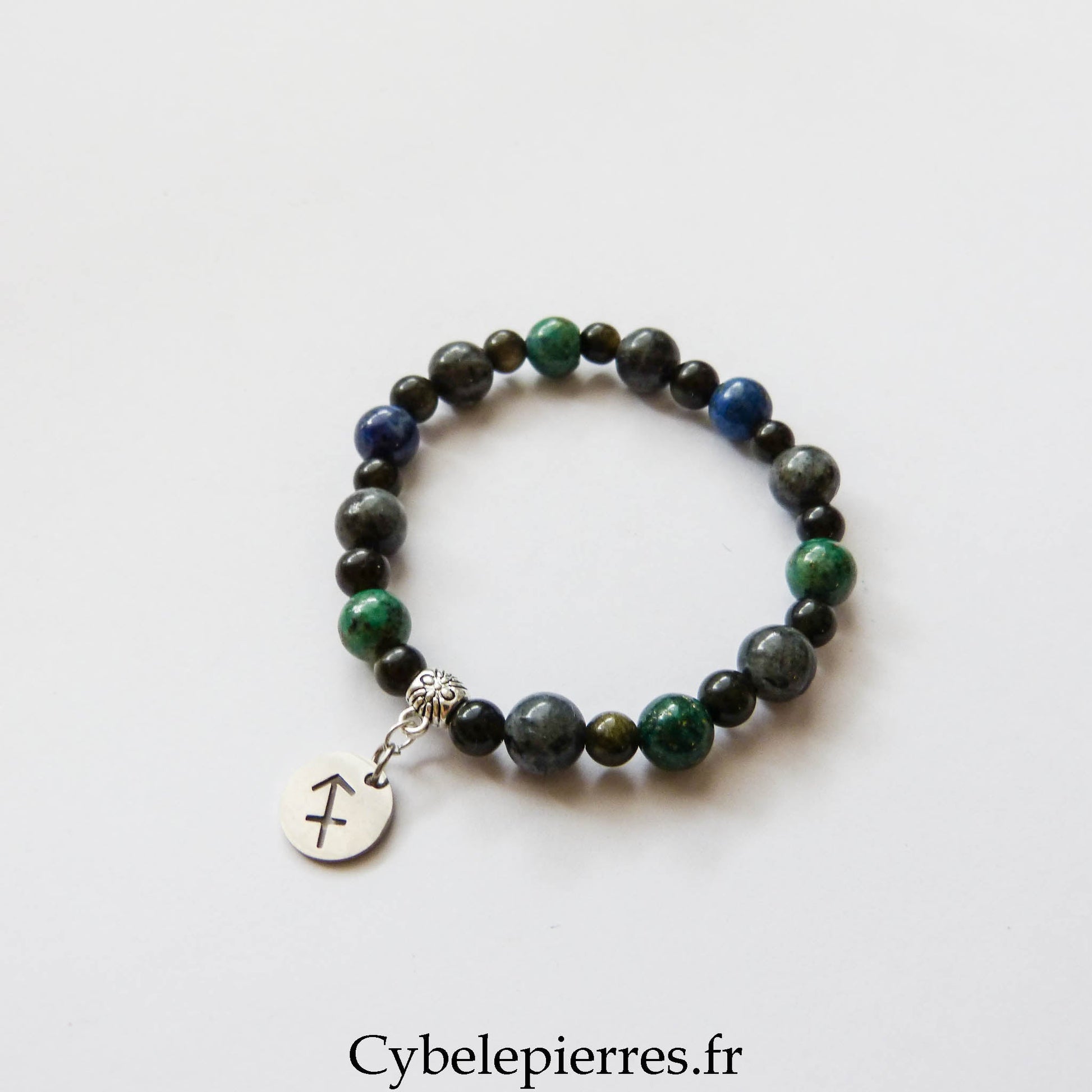 Bracelet Sagittaire – Azurite - Malachite, Larvikite (8 mm) & Obsidienne Dorée (6 mm) | Intuition & Expansion - Cybele Pierres