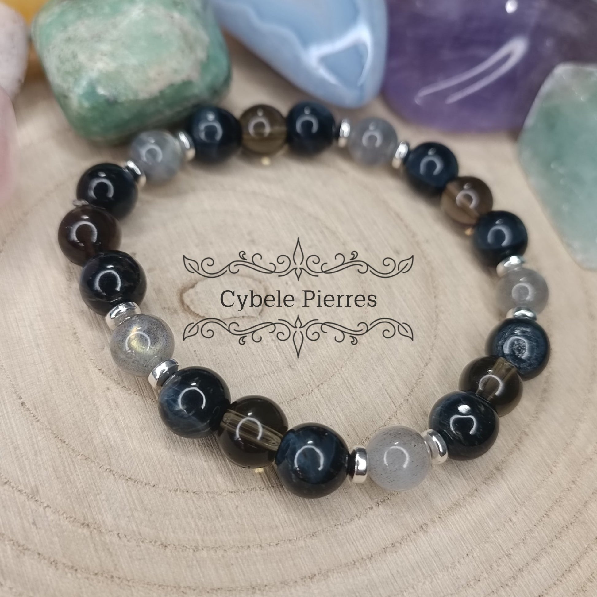 Bracelet Sapphiro - Labradorite, oeil de faucon et Quartz fumé (8mm) - 18cm - Cybele Pierres