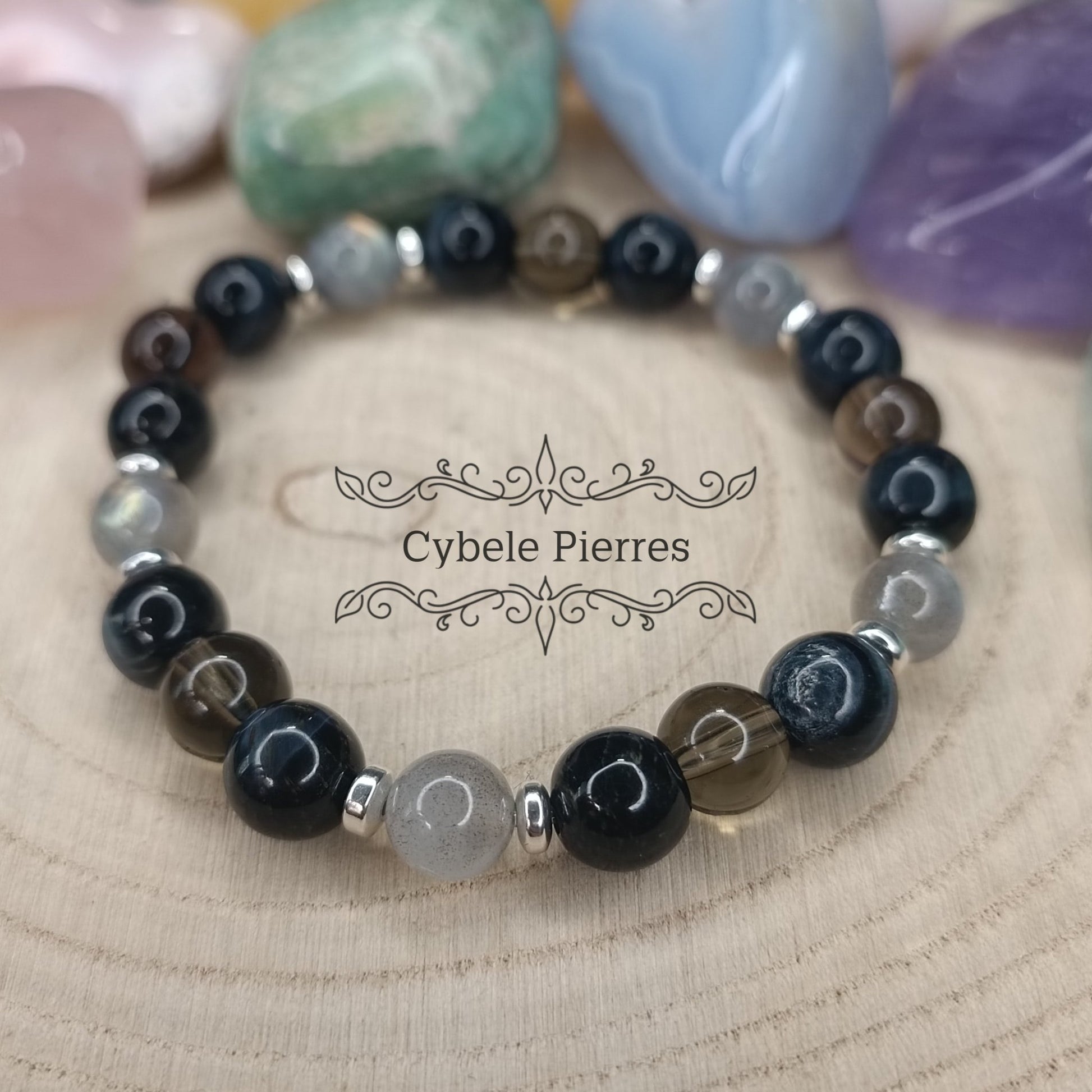 Bracelet Sapphiro - Labradorite, oeil de faucon et Quartz fumé (8mm) - 18cm - Cybele Pierres