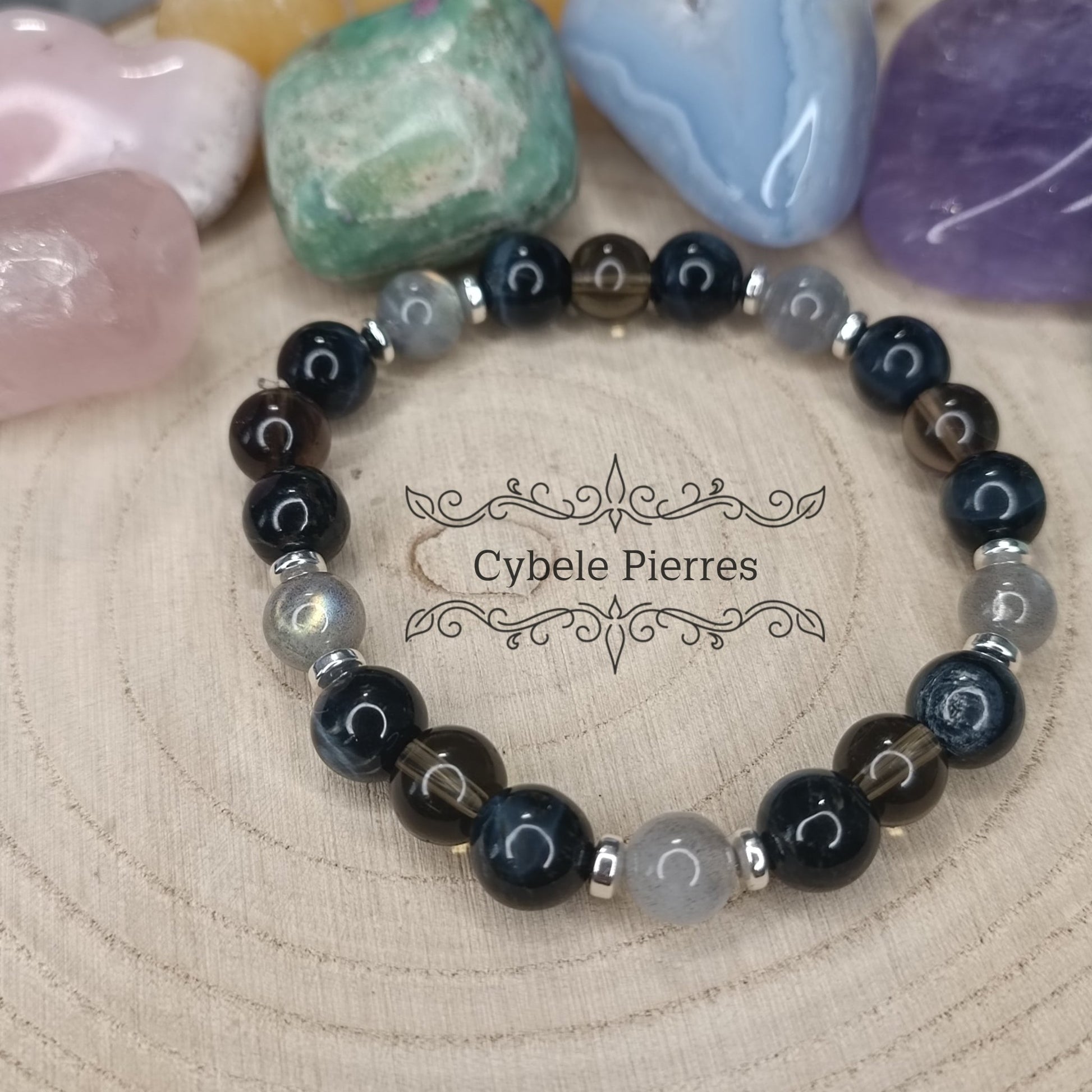 Bracelet Sapphiro - Labradorite, oeil de faucon et Quartz fumé (8mm) - 18cm - Cybele Pierres