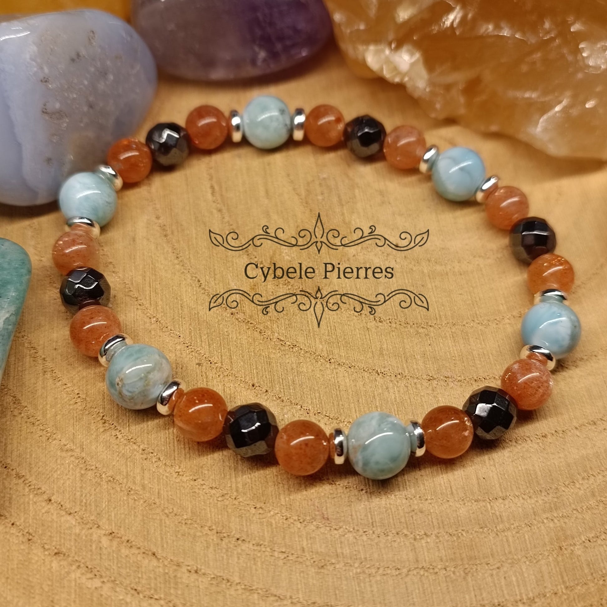 Bracelet Souffle nouveau - Pierre de soleil extra, Larimar et Hématite facettée (6mm) - 18cm - Cybele Pierres