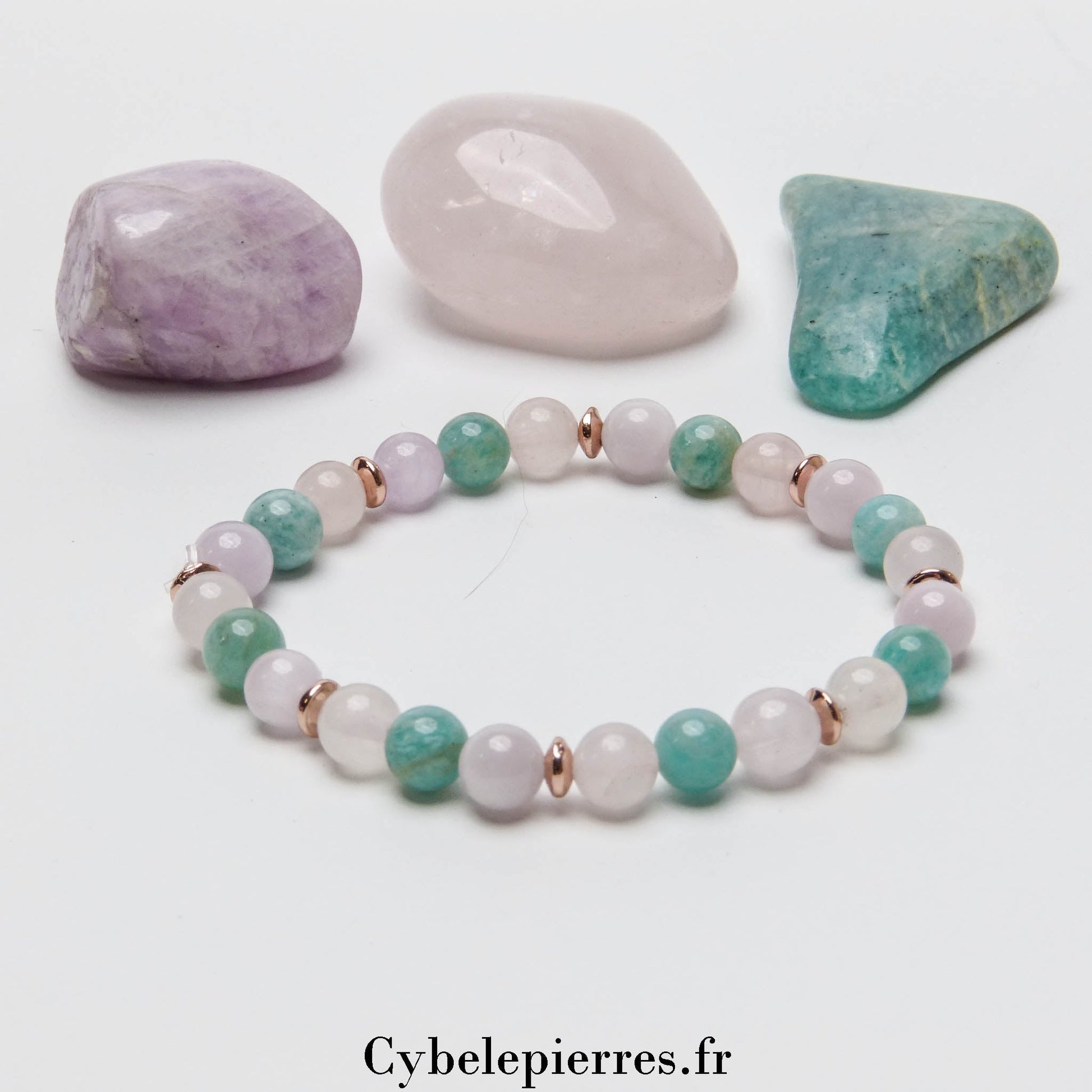 Bracelet Souffle nouveau - Quartz rose, Kunzite et Amazonite (6mm) - 18cm - Cybele Pierres