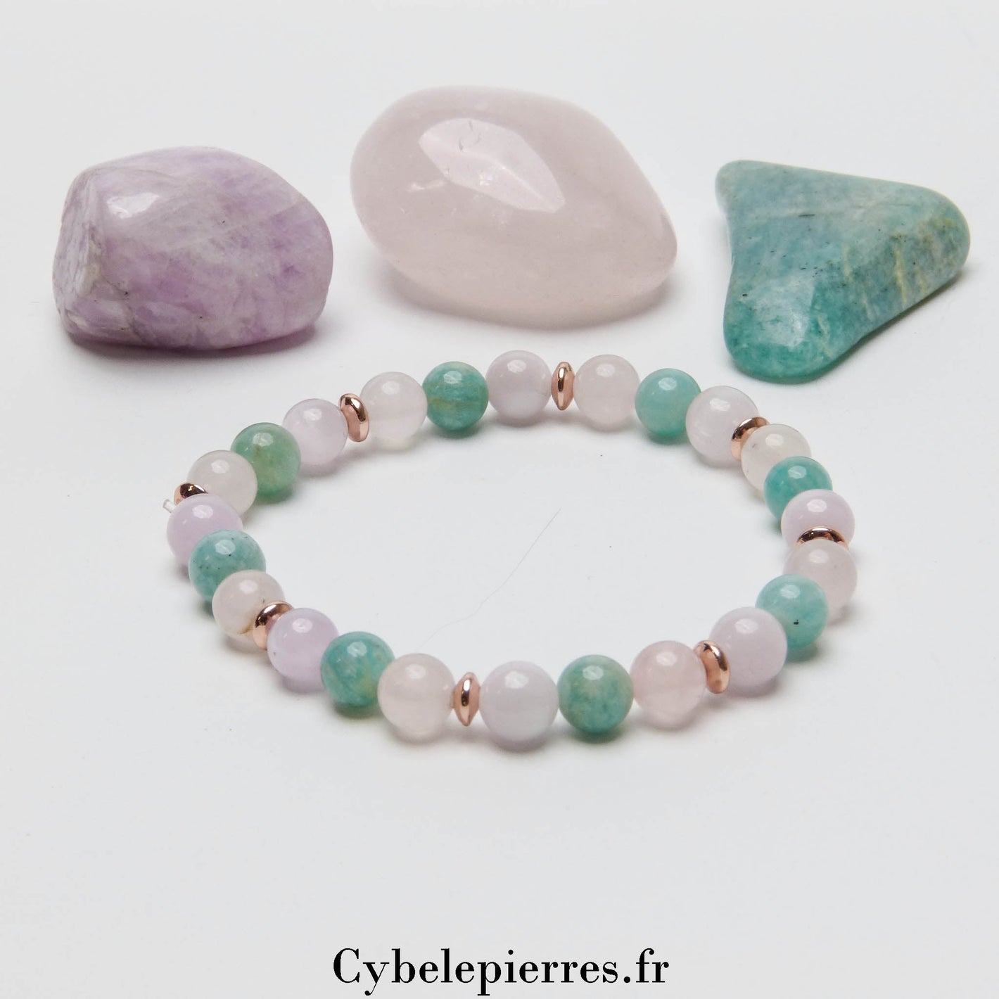 Bracelet Souffle nouveau - Quartz rose, Kunzite et Amazonite (6mm) - 18cm - Cybele Pierres