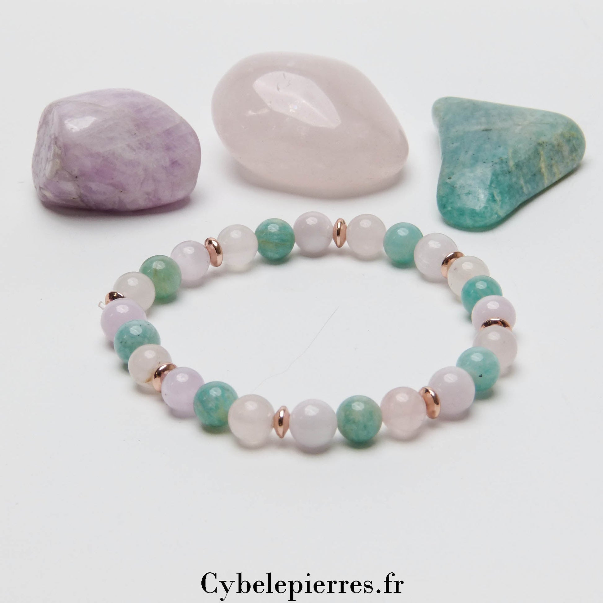 Bracelet Souffle nouveau - Quartz rose, Kunzite et Amazonite (6mm) - 18cm - Cybele Pierres