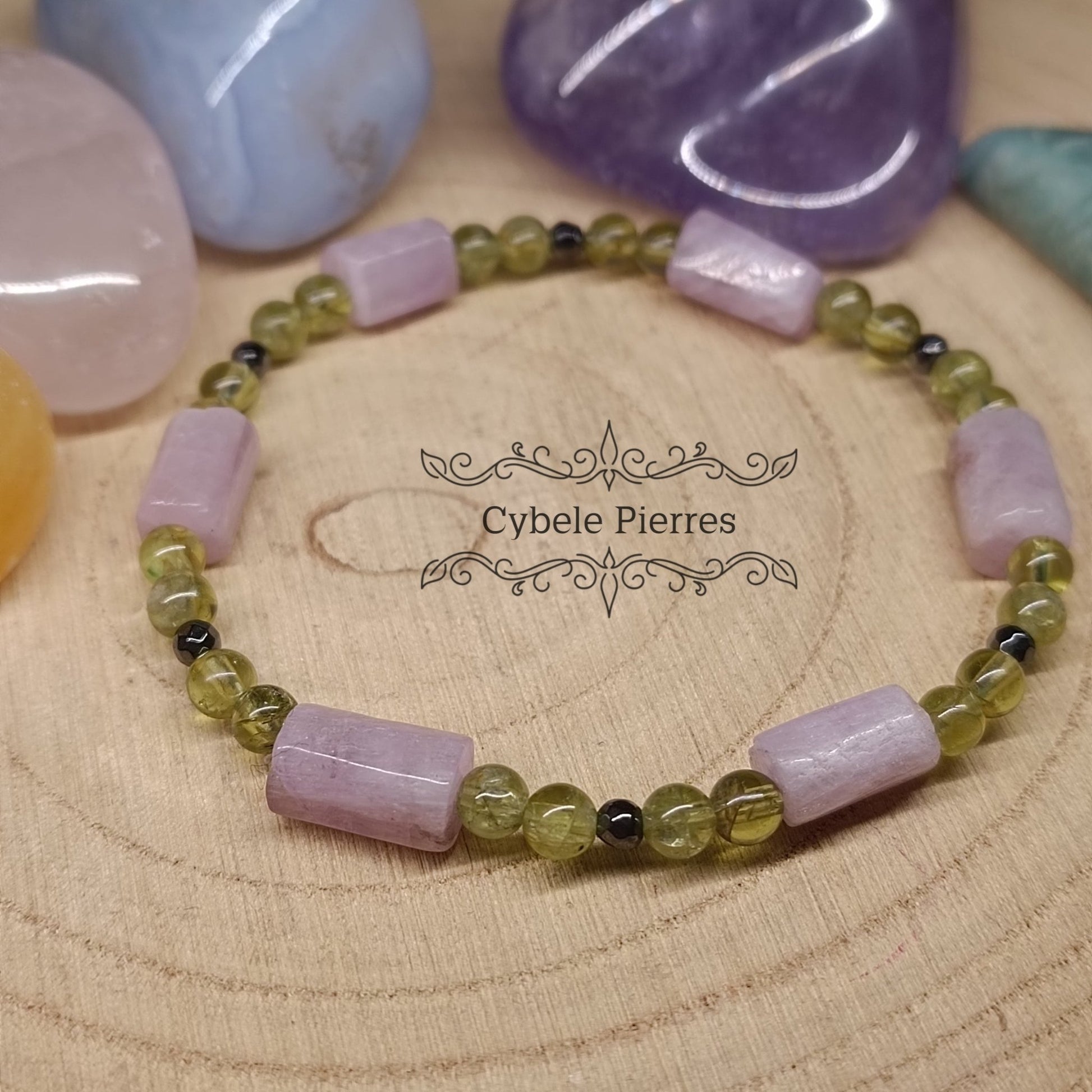 Bracelet Source Équilibrée - Kunzite et Péridot (4 et 10mm) - 18cm - Cybele Pierres