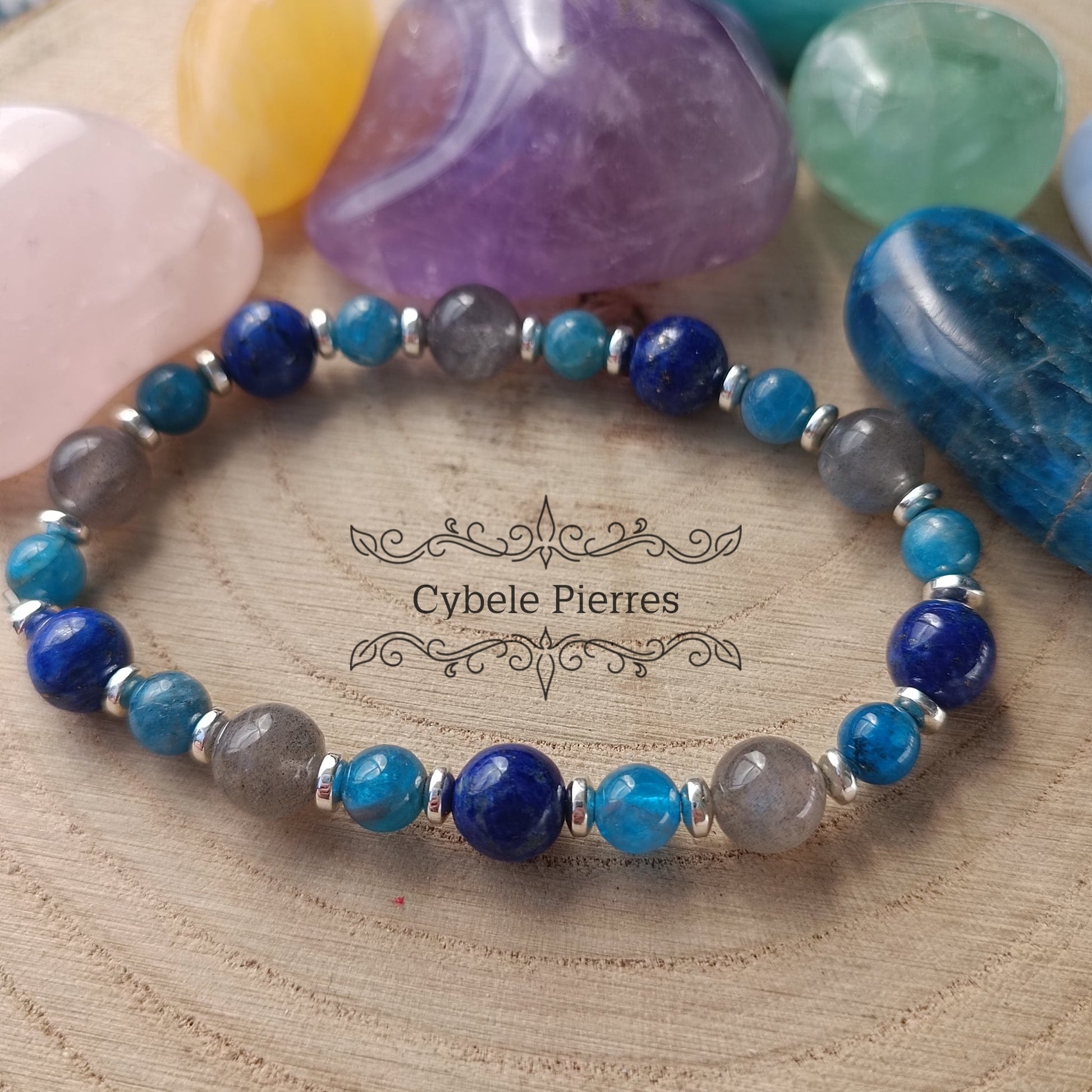 Bracelet Souverain – Labradorite, Lapis - Lazuli et Apatite Bleue (8mm et 6mm) – 18 cm | Clarté et Protection - Cybele Pierres