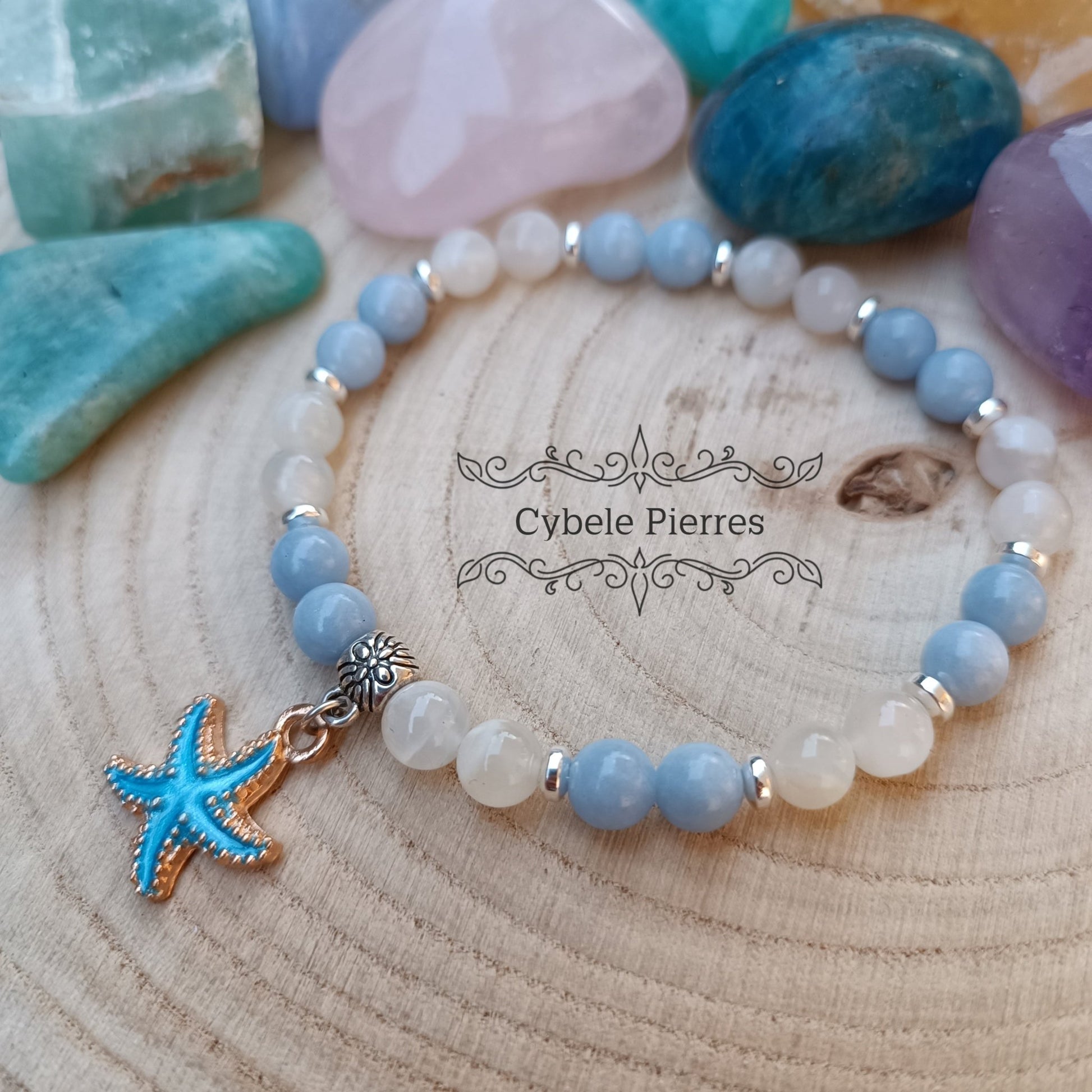 Bracelet "Summer" - Angélite et Pierre de lune blanche (6mm) - 18cm - Cybele Pierres