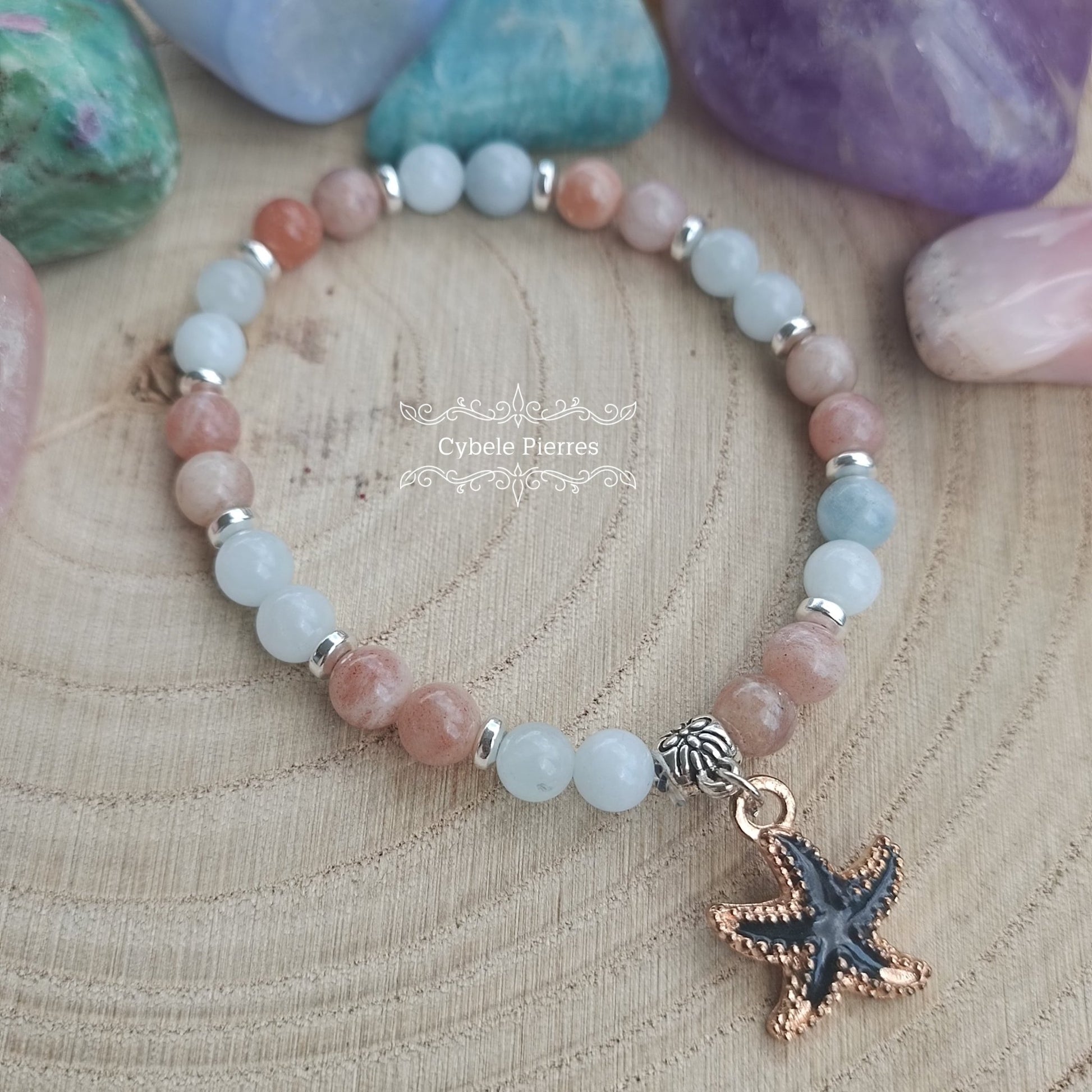 Bracelet Summer Noir - Aigue - marine et Pierre de Soleil (6mm) - 18cm - Cybele Pierres