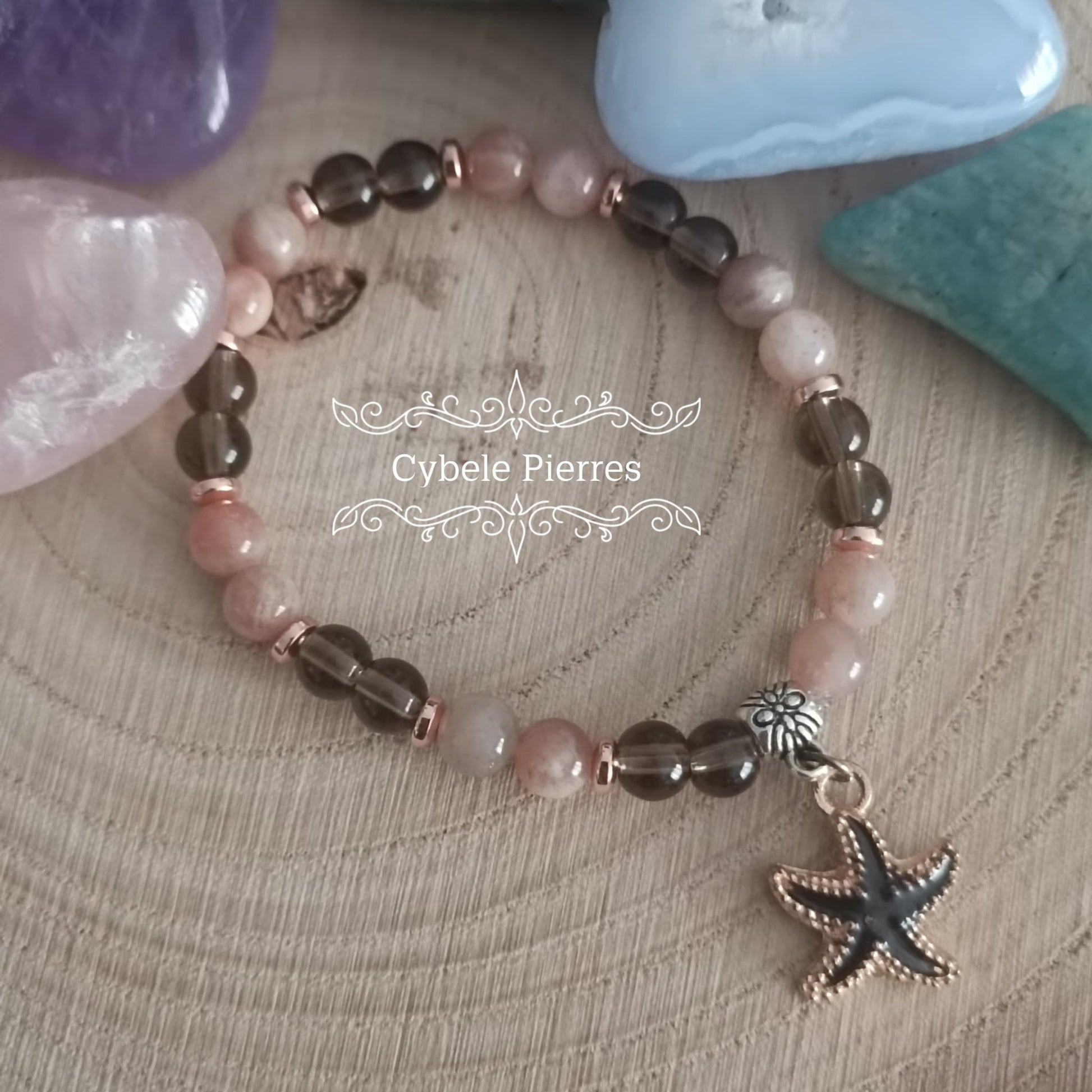 Bracelet Summer noir - Quartz fumé et Pierre de Soleil (6mm) - 17cm - Cybele Pierres