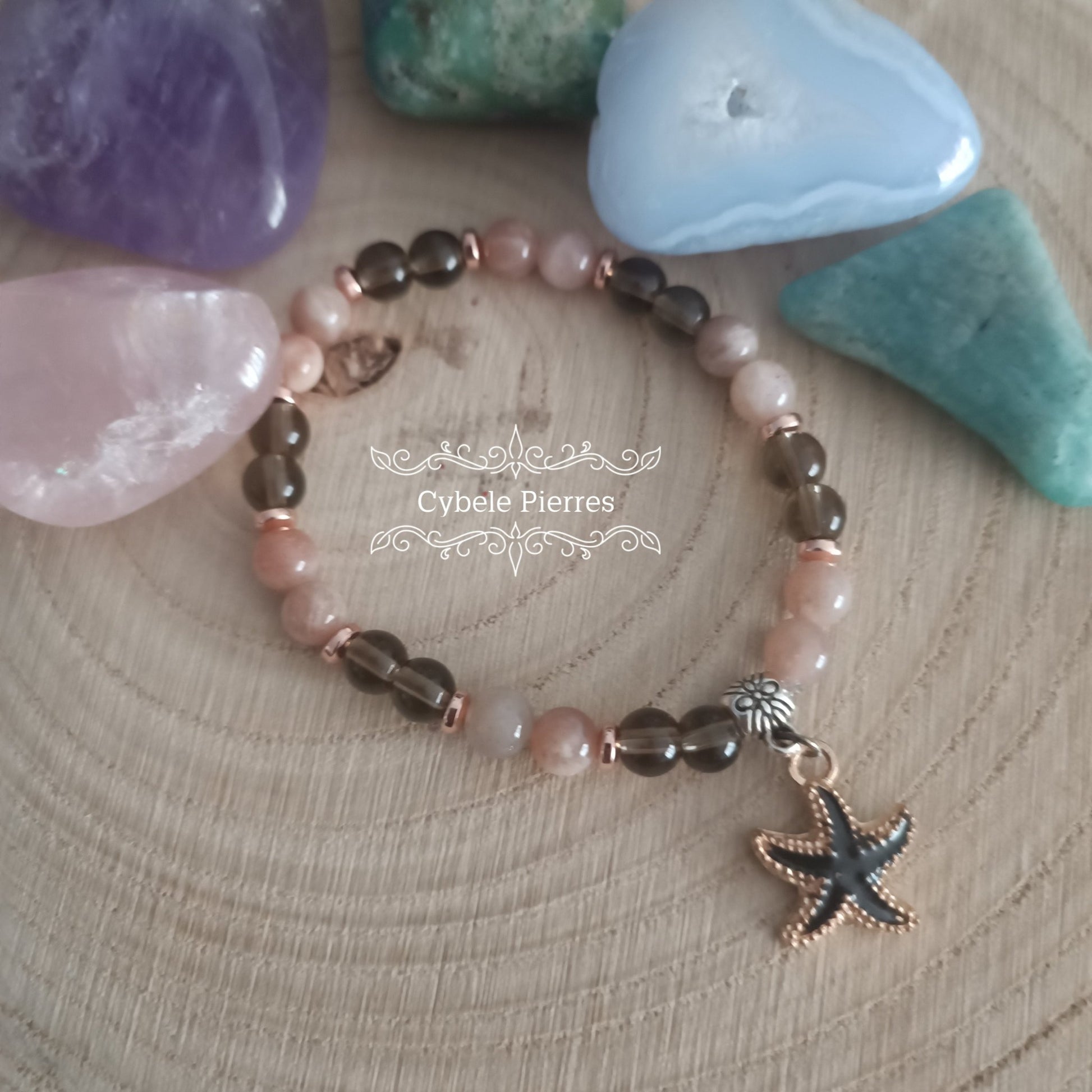 Bracelet Summer noir - Quartz fumé et Pierre de Soleil (6mm) - 17cm - Cybele Pierres