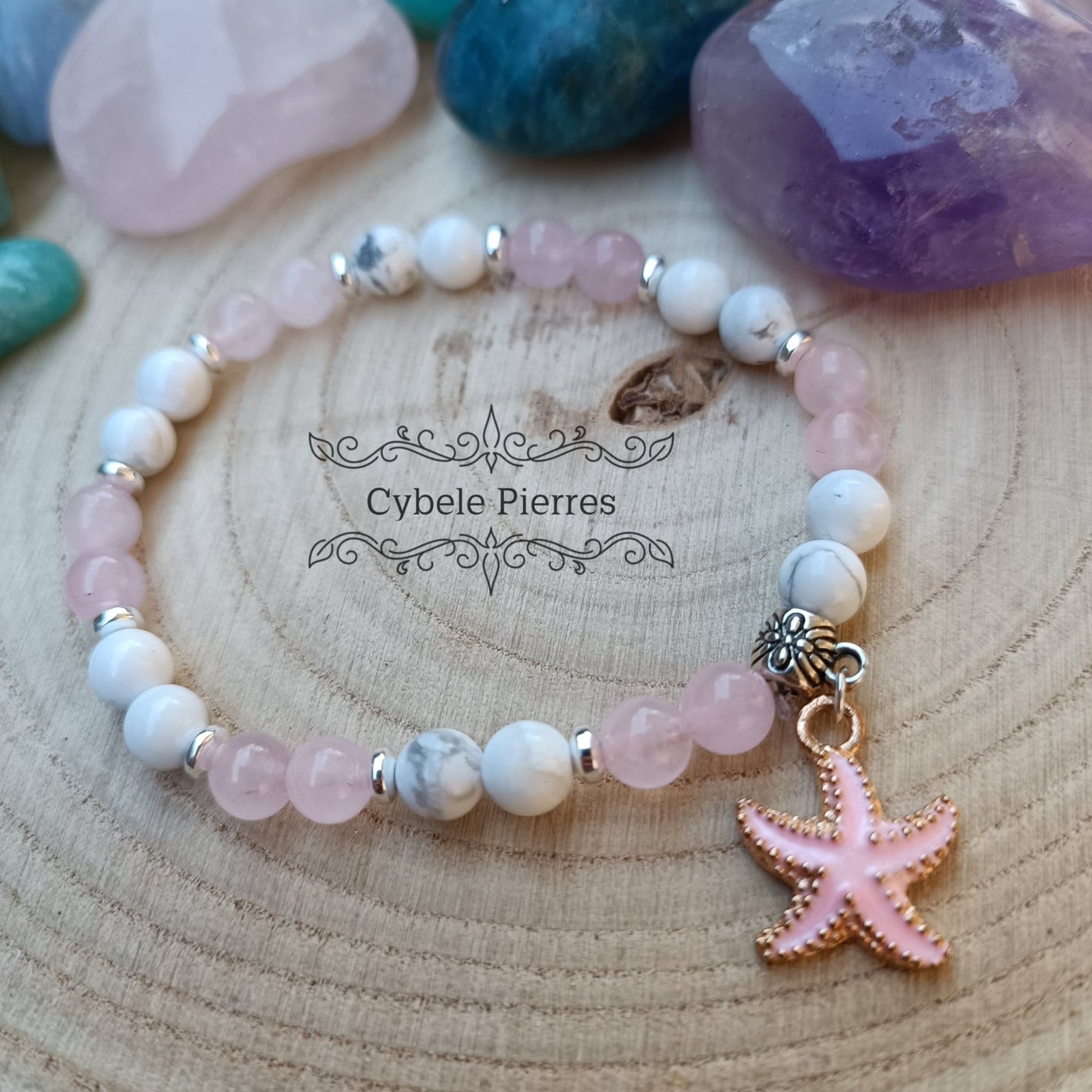 Bracelet "Summer" - Quartz rose et Howlite (6mm) - 18cm - Cybele Pierres