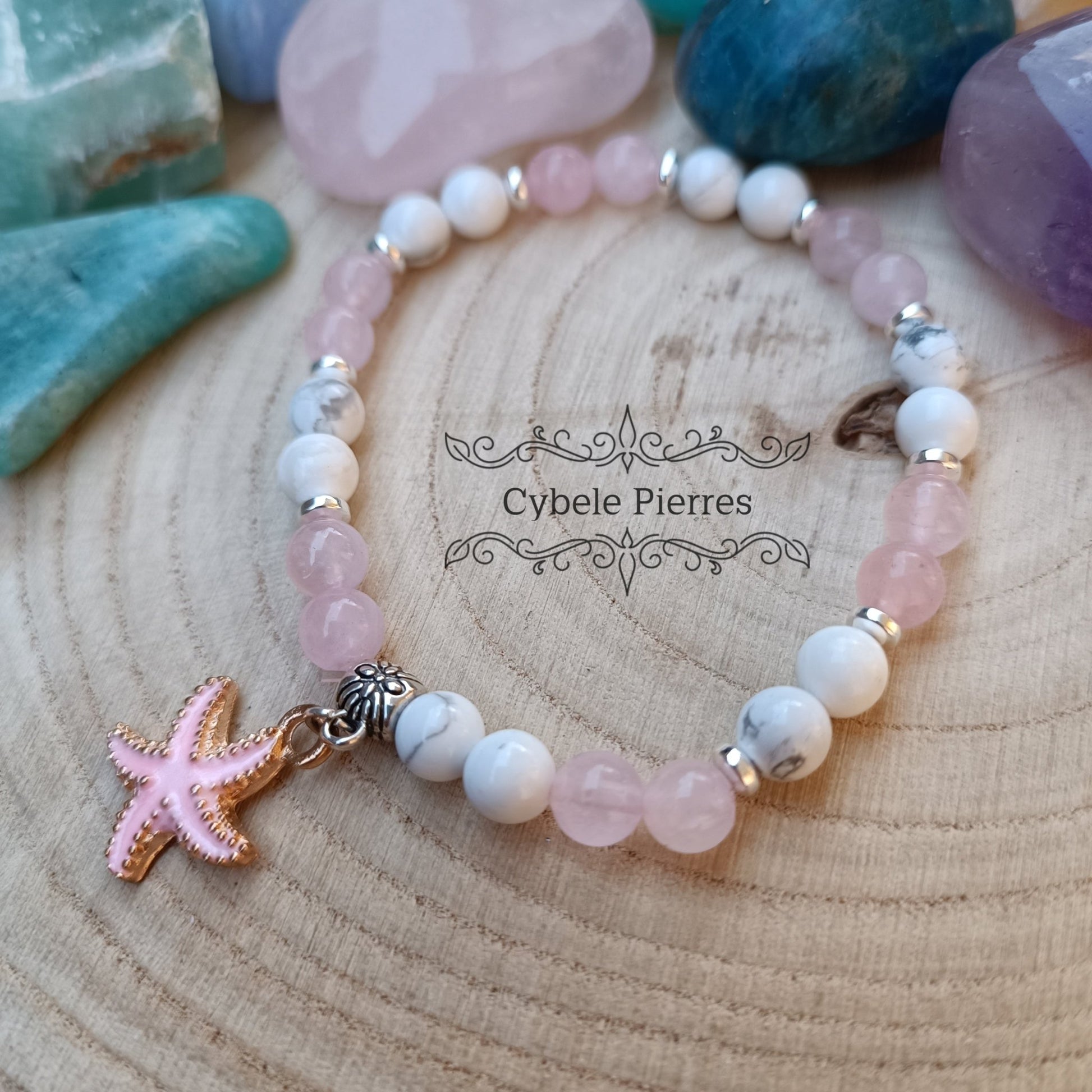 Bracelet "Summer" - Quartz rose et Howlite (6mm) - 18cm - Cybele Pierres