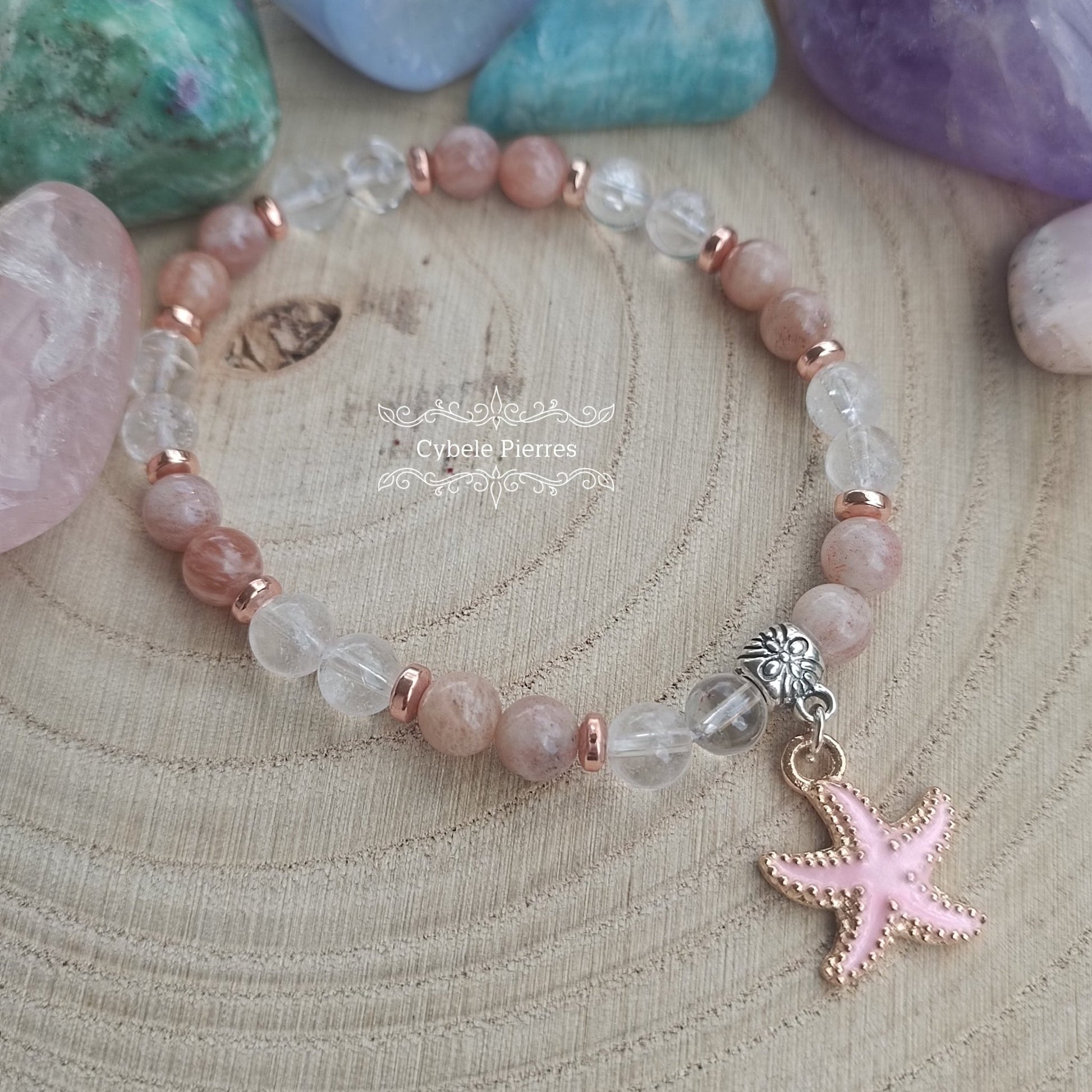 Bracelet Summer Rose - Pierre de Soleil et Cristal de roche (6mm) - 18cm - Cybele Pierres