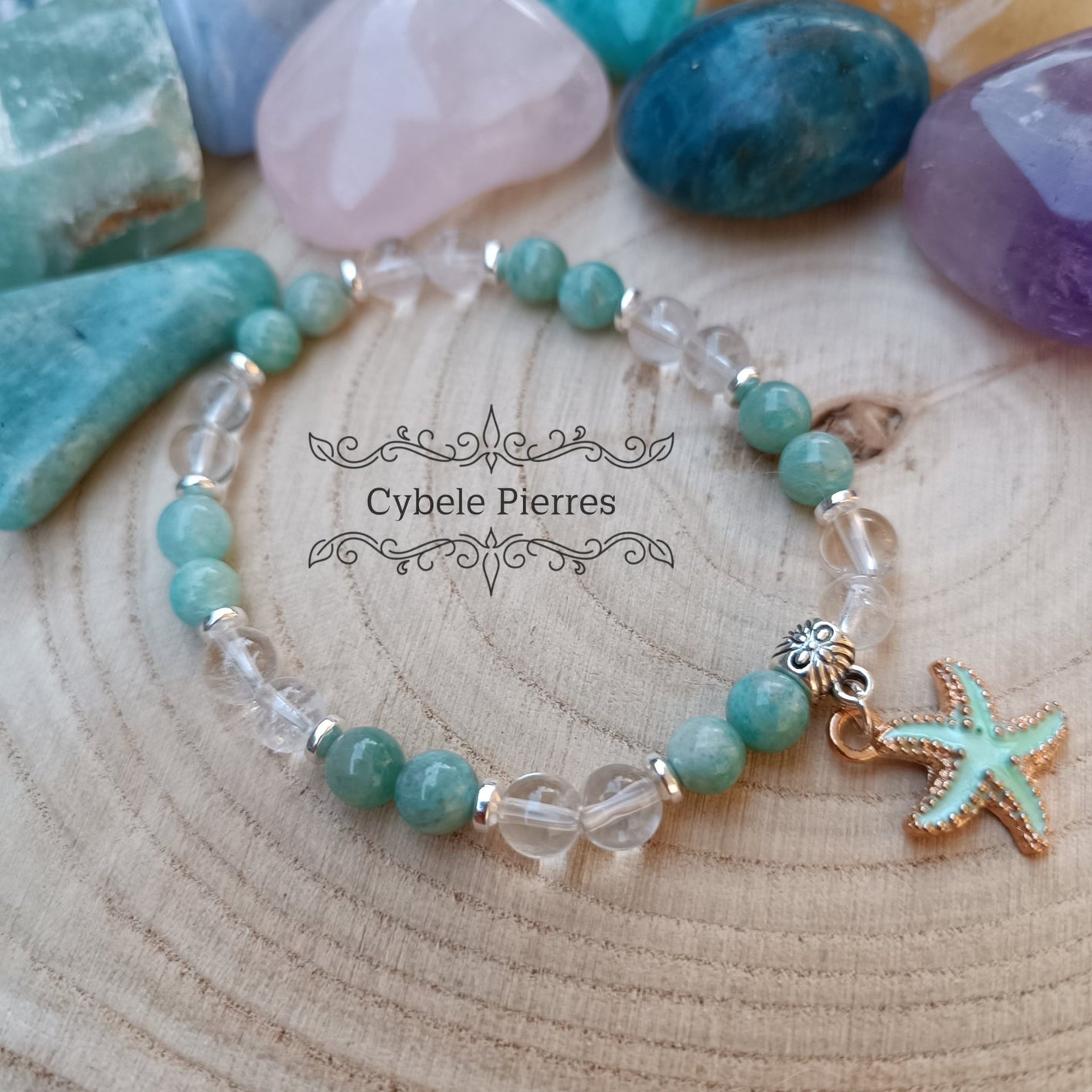 Bracelet Summer Vert - Amazonite et Cristal de Roche (6mm) - 18cm - Cybele Pierres
