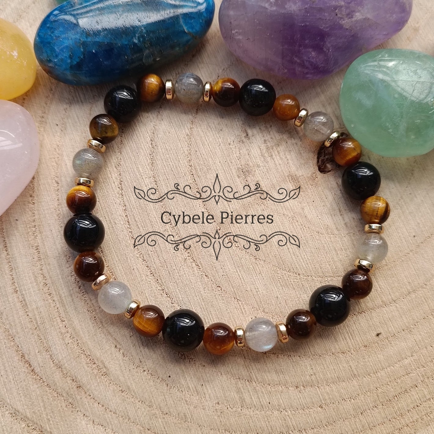 Bracelet Super Protection - Oeil de tigre, Obsidienne dorée et Labradorite (6 et 8mm) - 19cm - Cybele Pierres